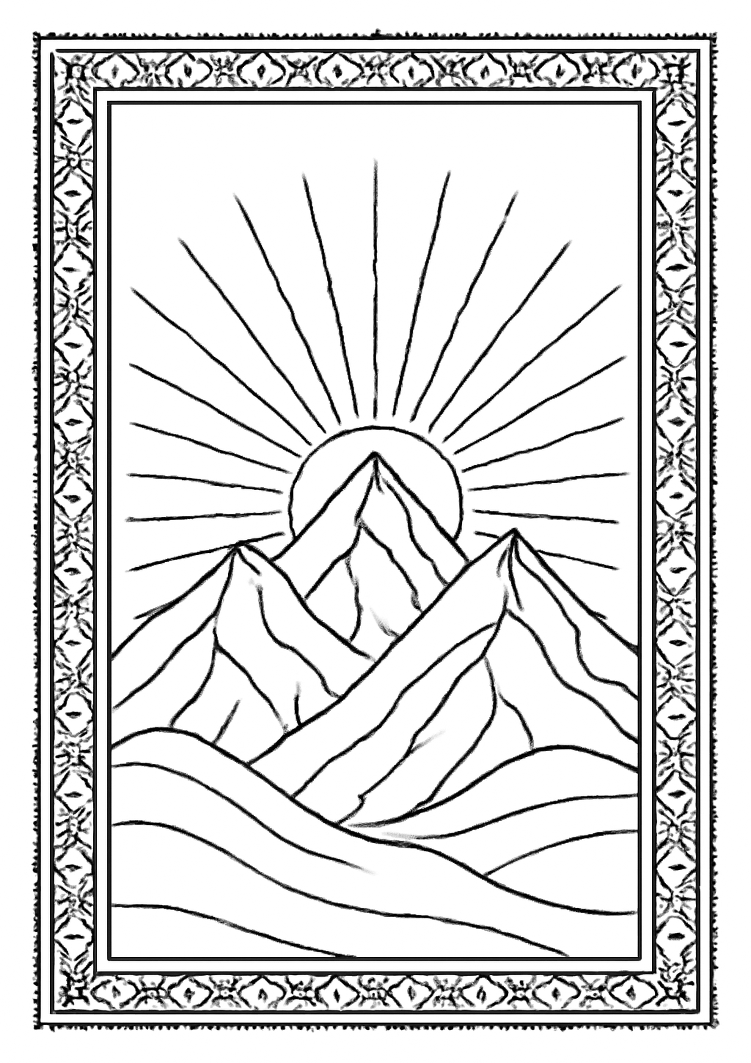 Coloriage lever de soleil montagne a imprimer, dessin au trait simple pour enfants