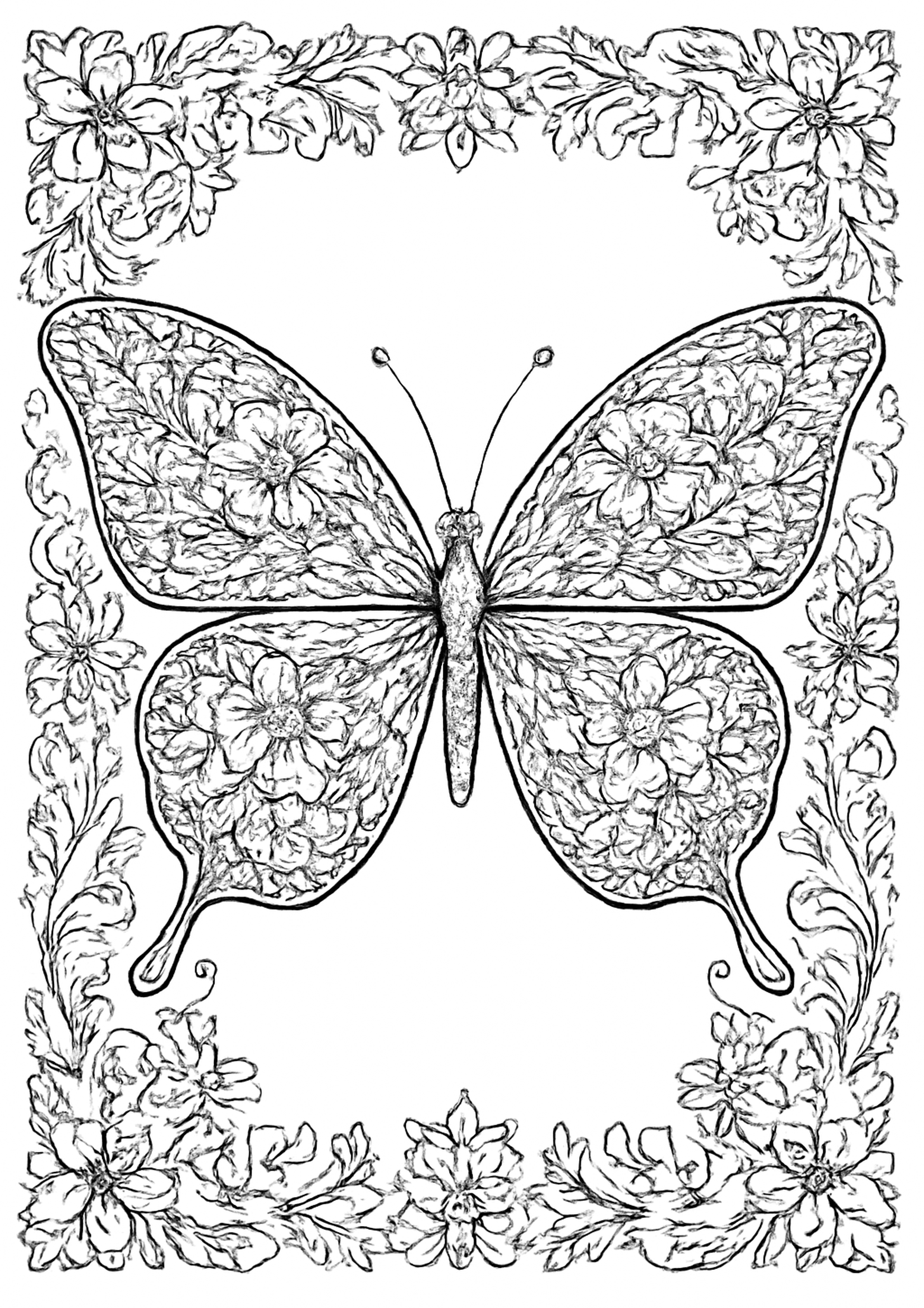 Coloriage papillon et fleurs affirmation a imprimer, dessin au trait simple pour enfants