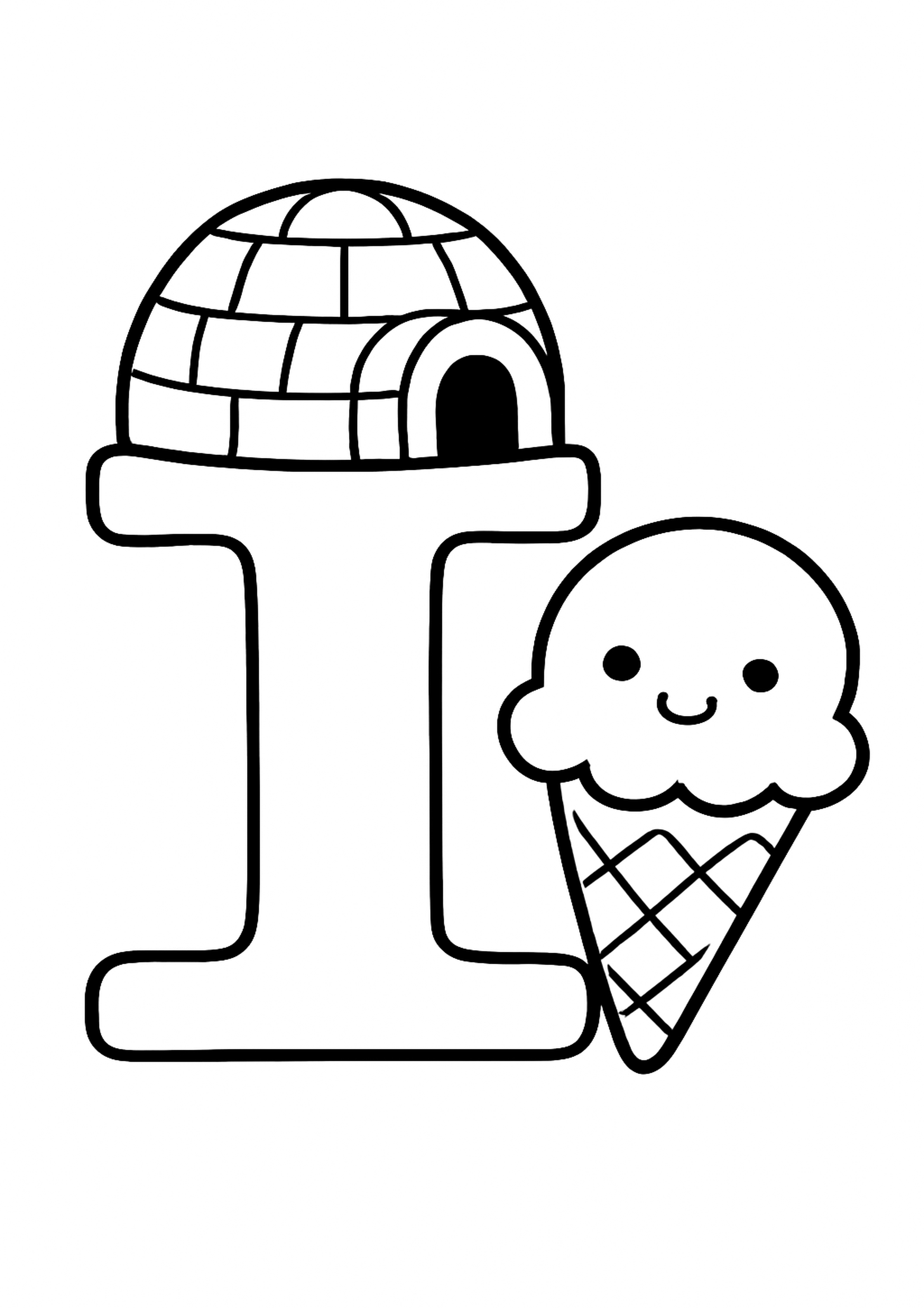 Coloriage la lettre i a imprimer, dessin au trait simple pour enfants