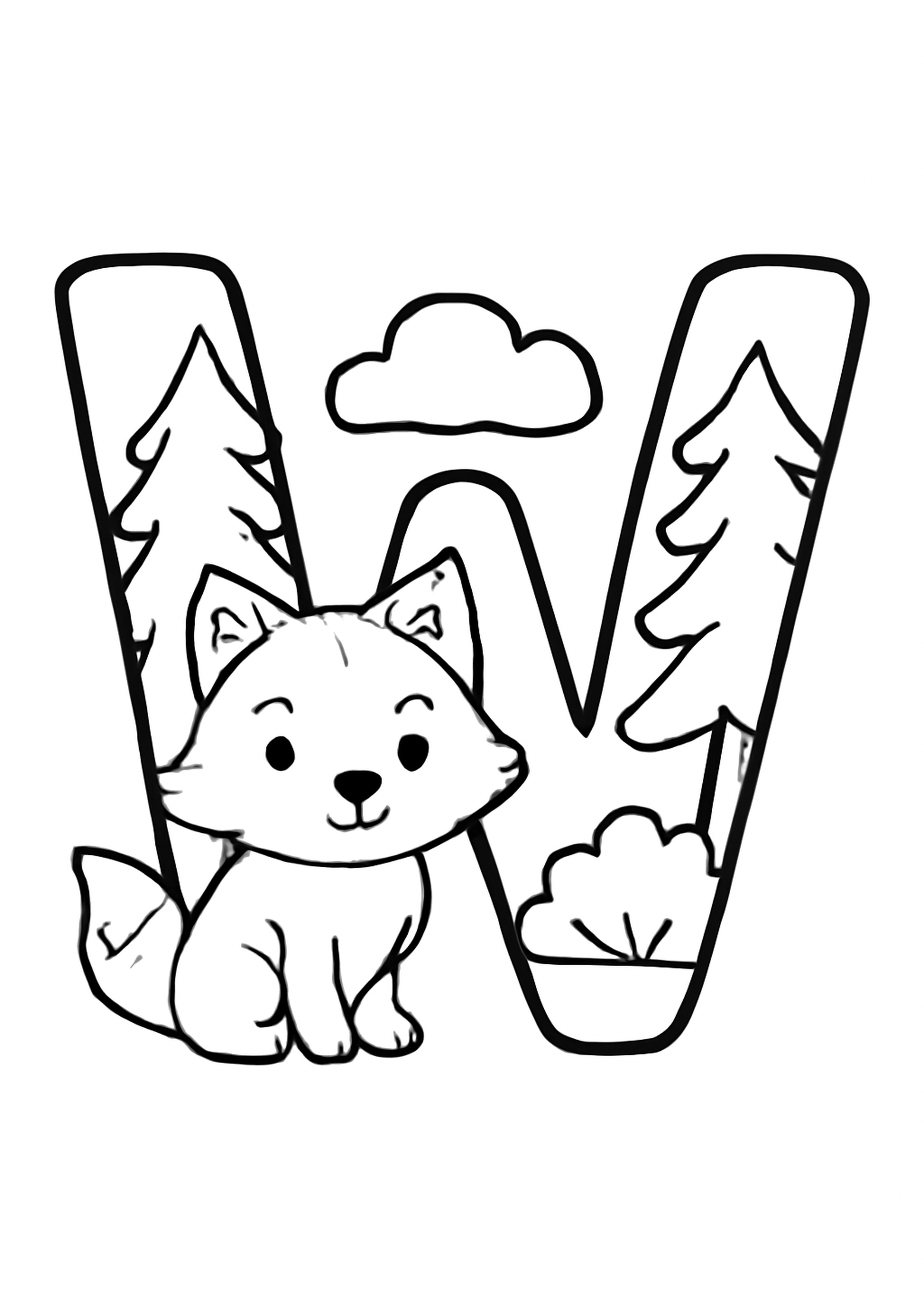 Coloriage la lettre w a imprimer, dessin au trait simple pour enfants