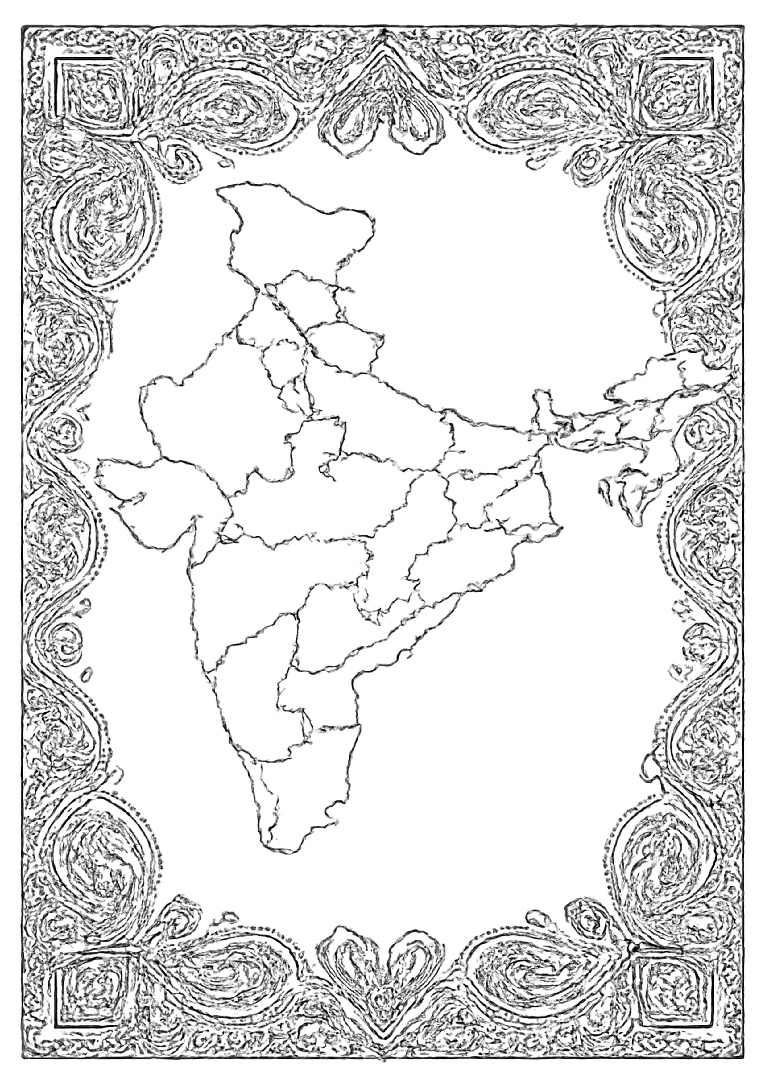 Coloriage carte de l'inde a imprimer, dessin au trait simple pour enfants