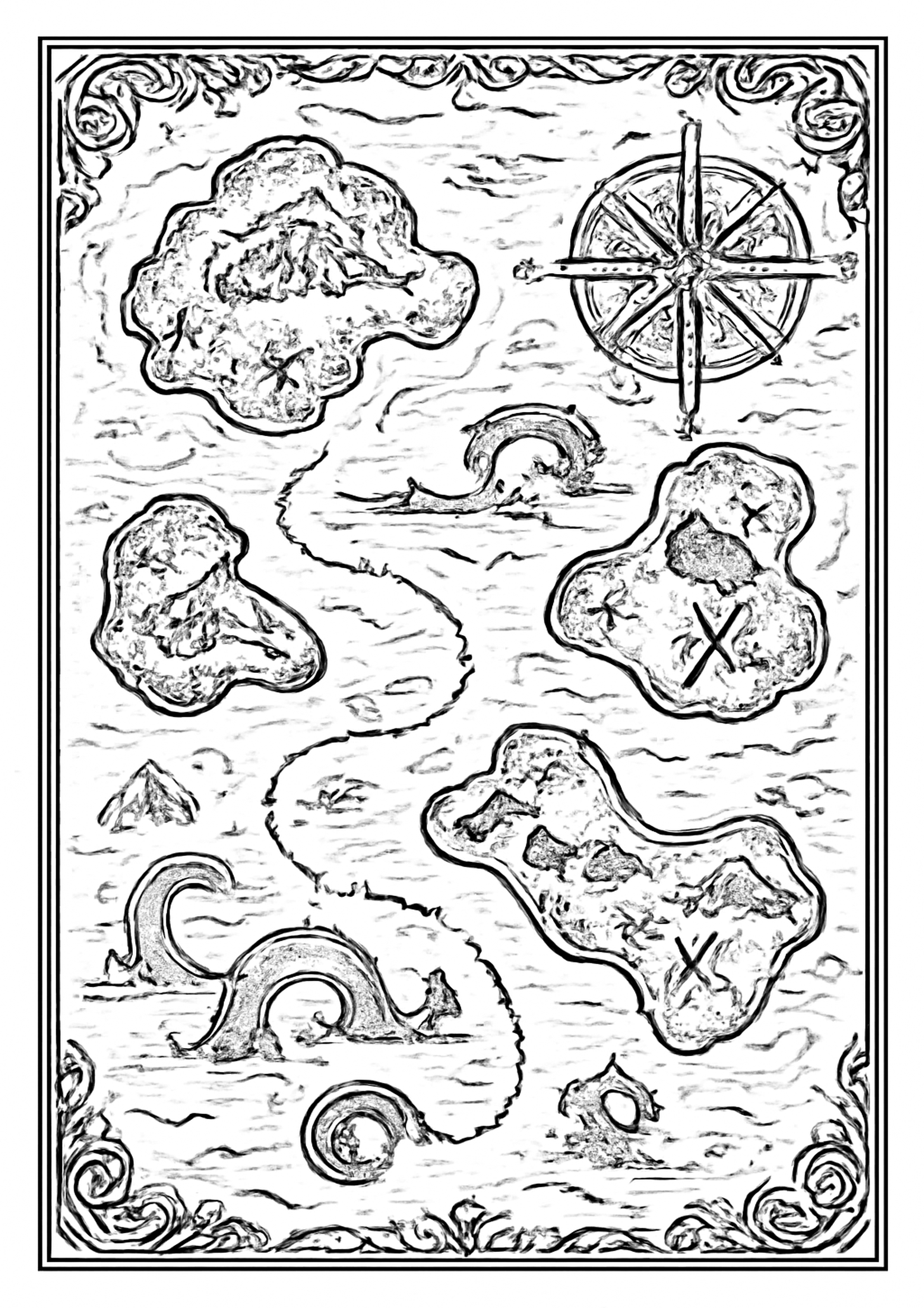 Coloriage carte au tresor a imprimer, dessin au trait simple pour enfants