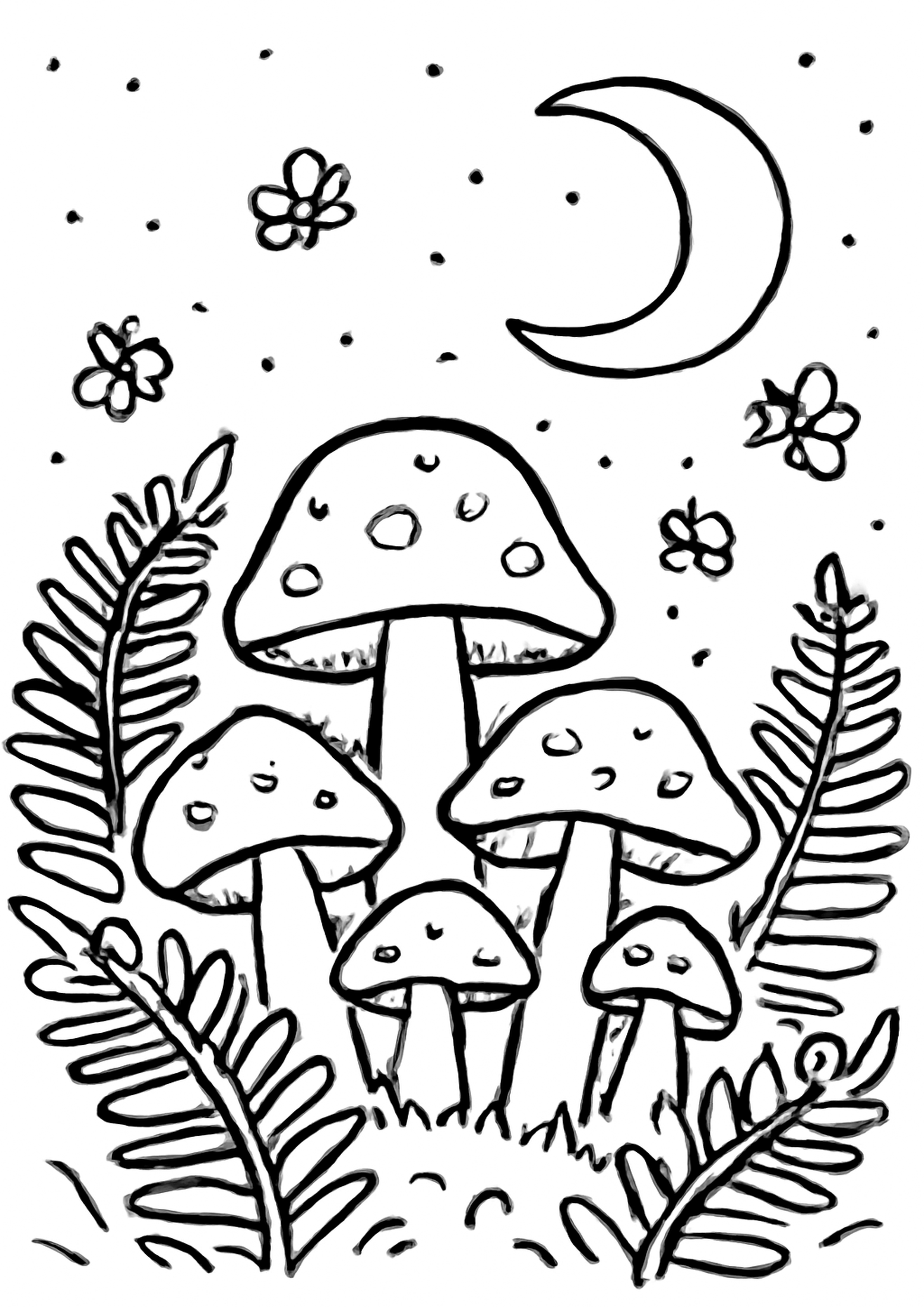 Coloriage champignons et lucioles la nuit a imprimer, dessin au trait simple pour enfants