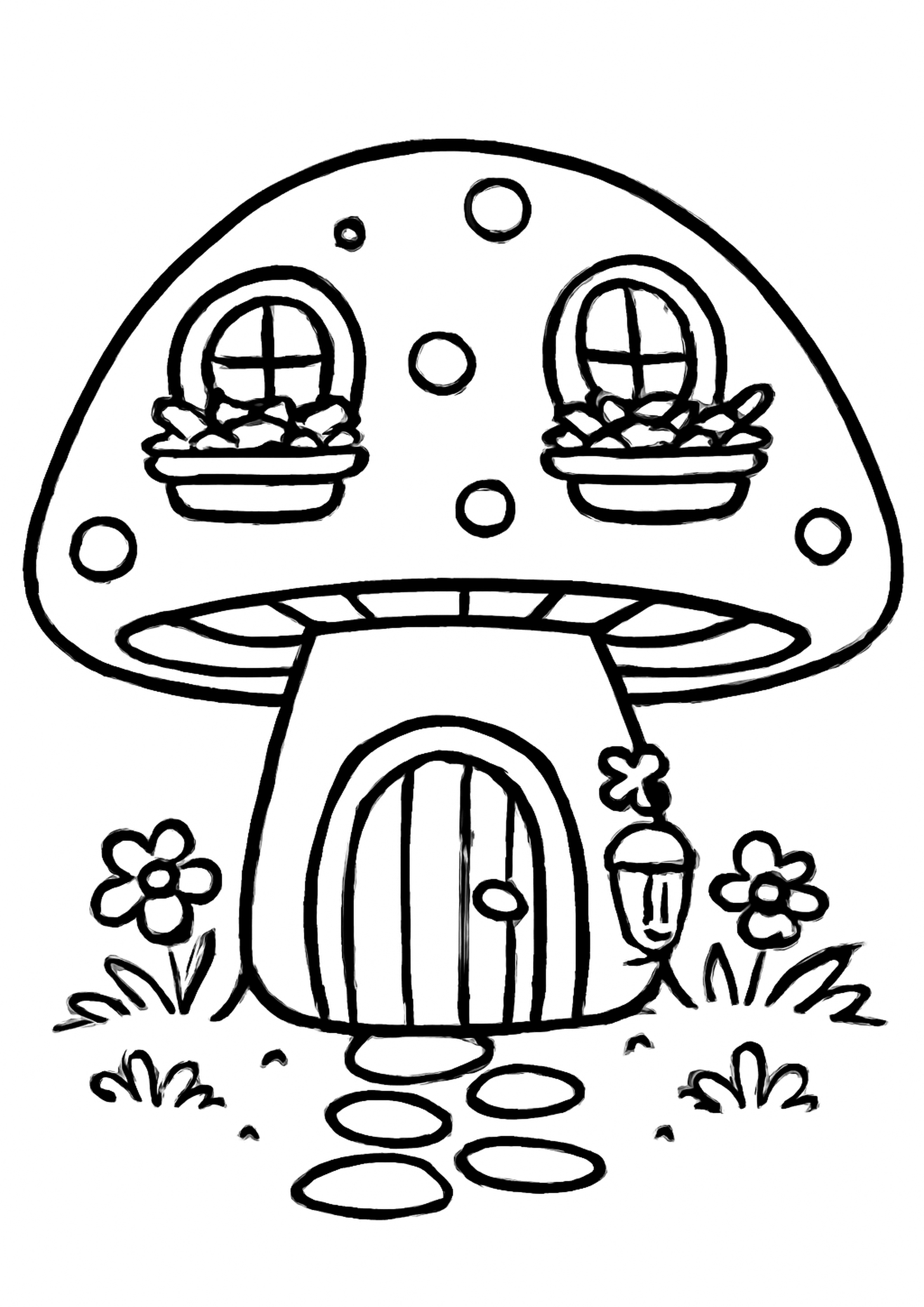 Coloriage maison champignon pour elfes a imprimer, dessin au trait simple pour enfants