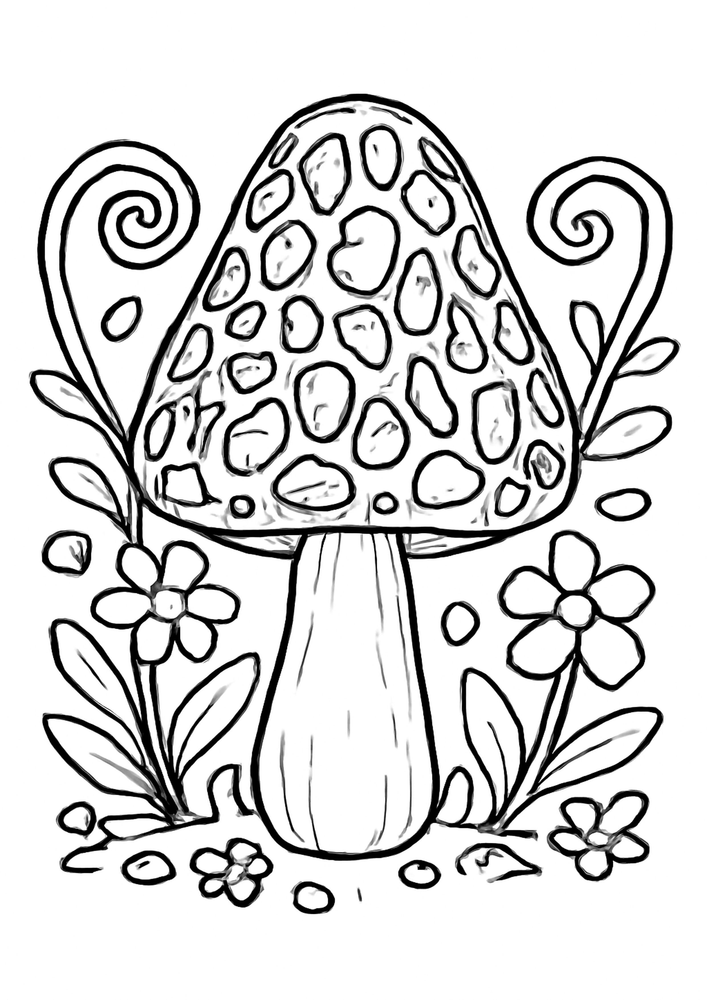 Coloriage morille fantaisie a imprimer, dessin au trait simple pour enfants