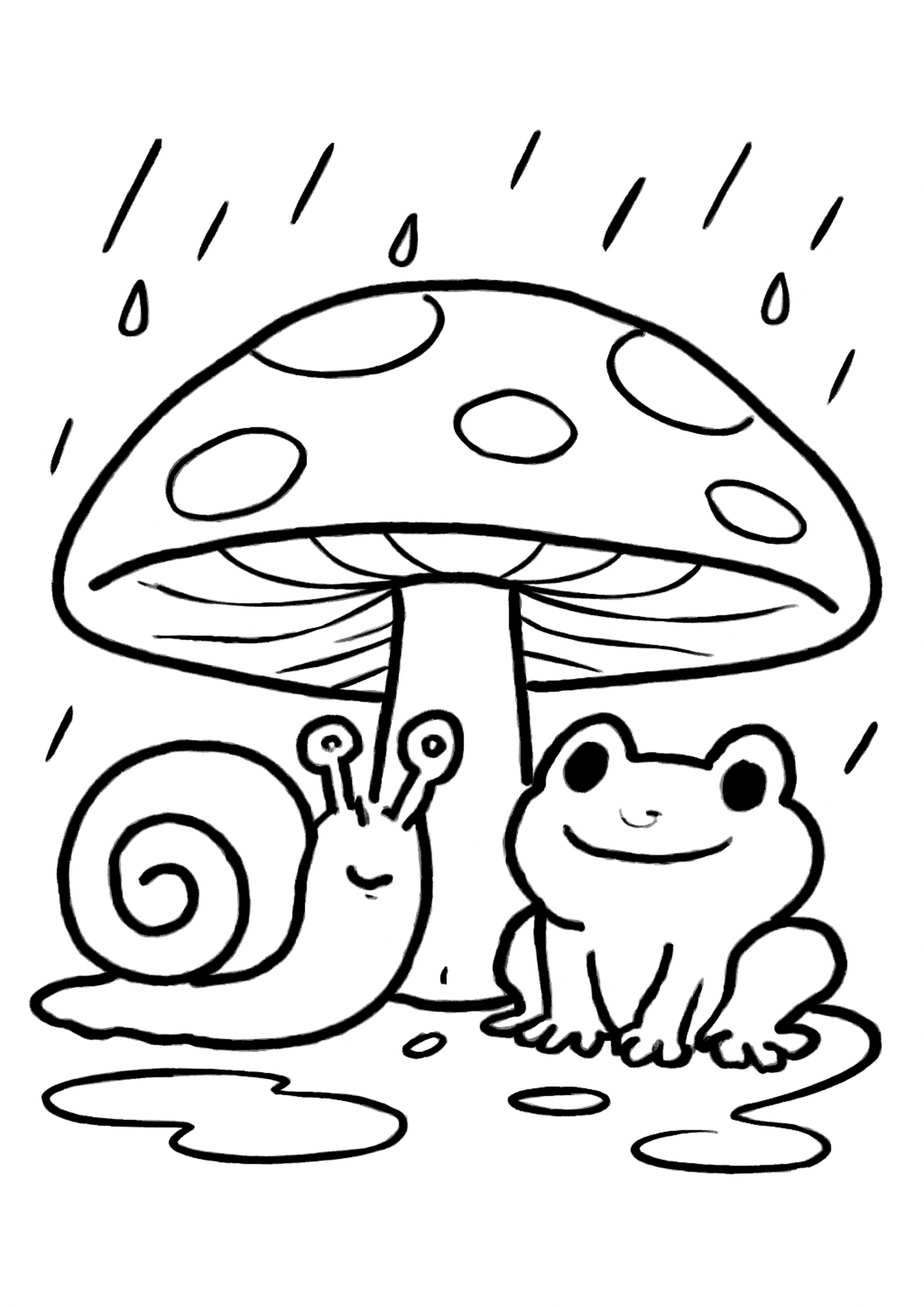 Coloriage champignon parapluie sous la pluie a imprimer, dessin au trait simple pour enfants