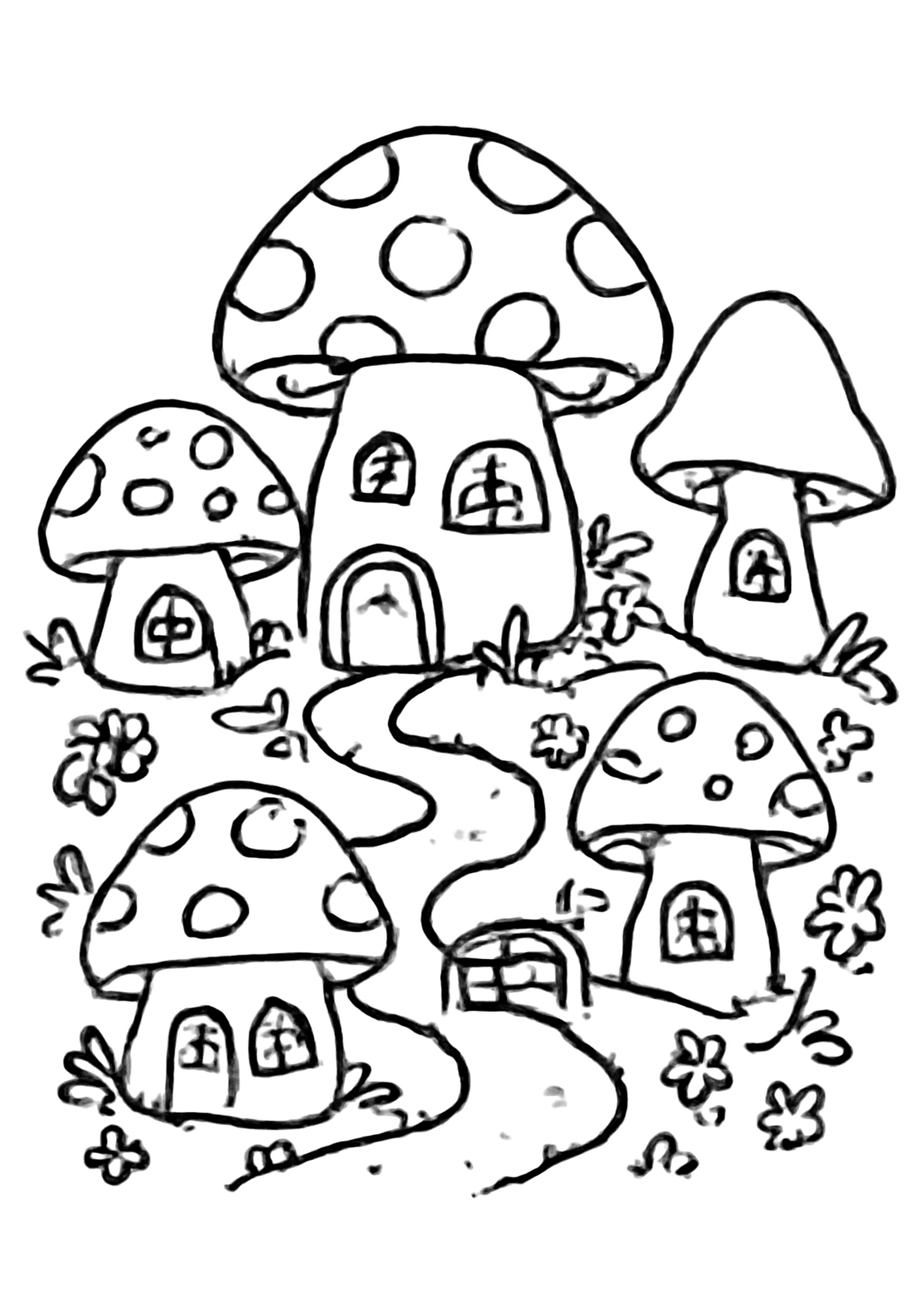 Coloriage village de champignons a imprimer, dessin au trait simple pour enfants
