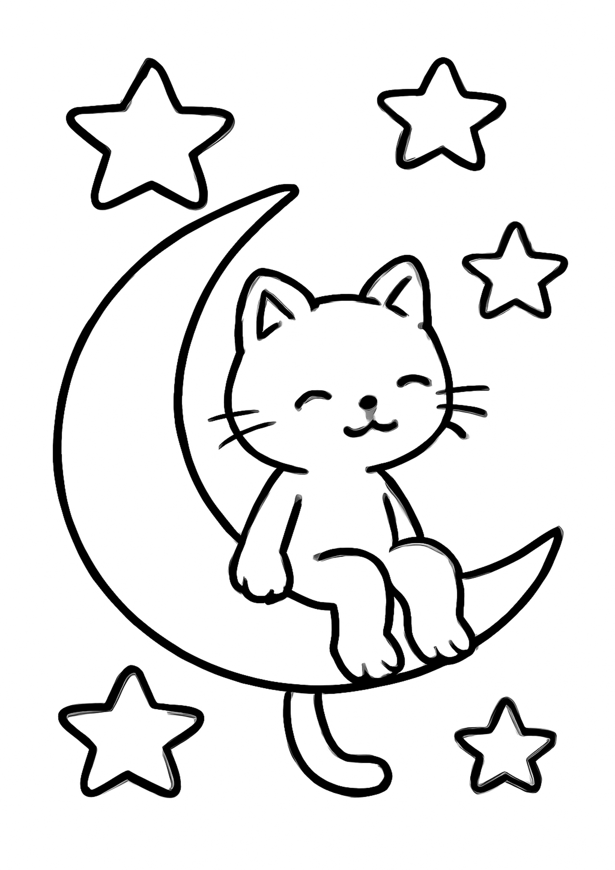 Coloriage chat sur la lune a imprimer, dessin au trait simple pour enfants