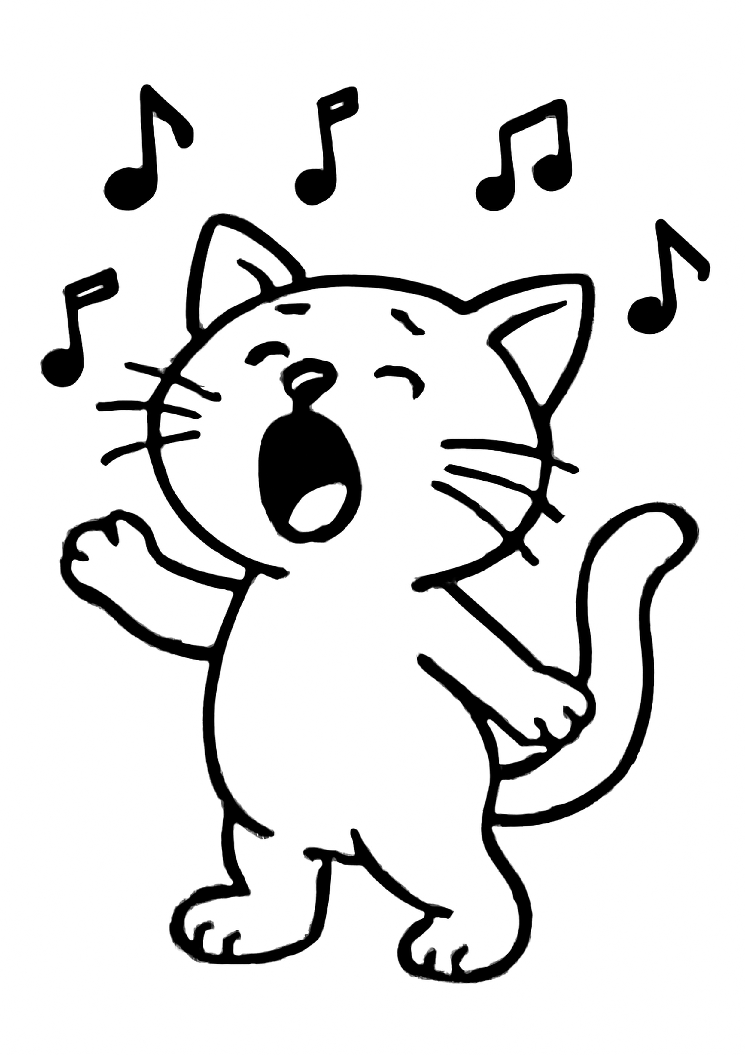 Coloriage chat qui chante a imprimer, dessin au trait simple pour enfants
