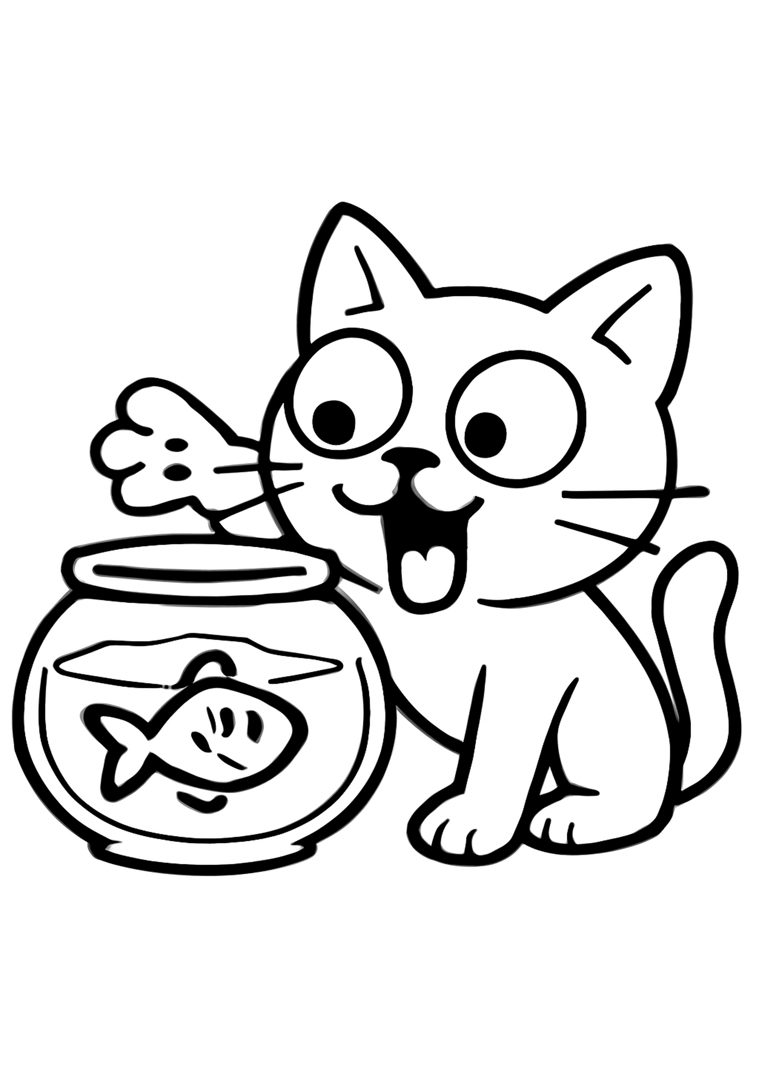 Coloriage chat et le poisson a imprimer, dessin au trait simple pour enfants