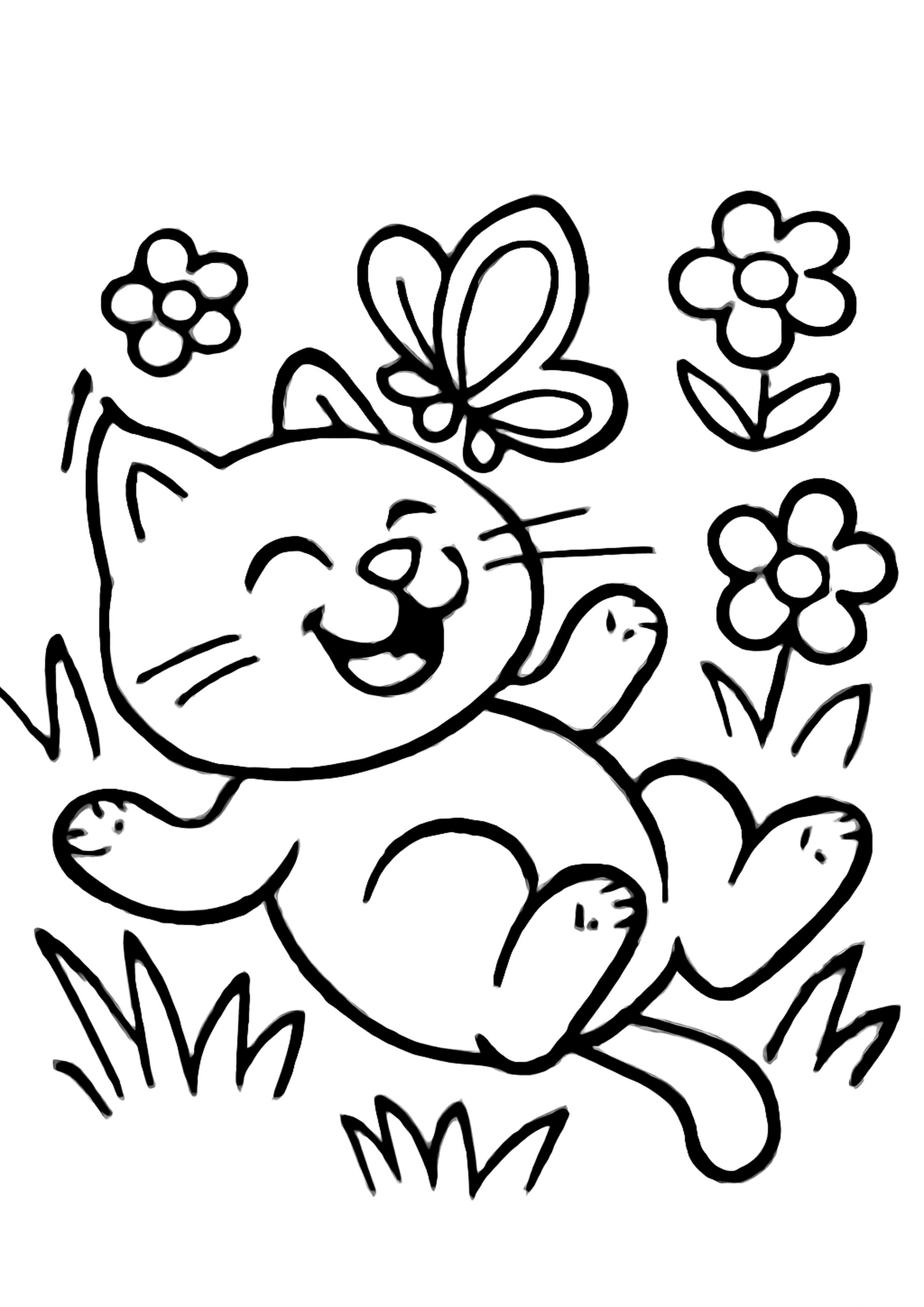 Coloriage chat du printemps a imprimer, dessin au trait simple pour enfants