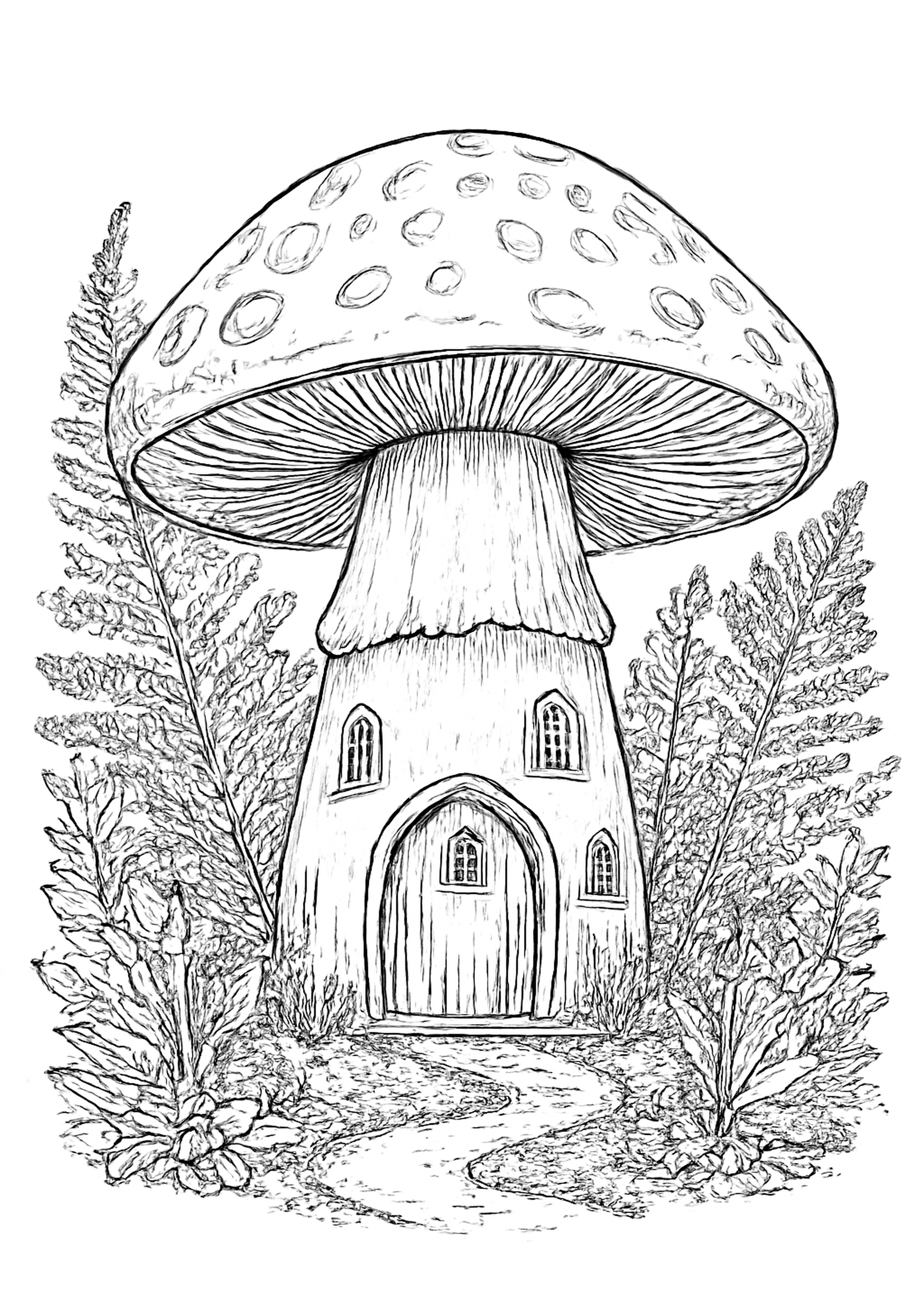 Coloriage maison champignon enchantee a imprimer, dessin au trait simple pour enfants