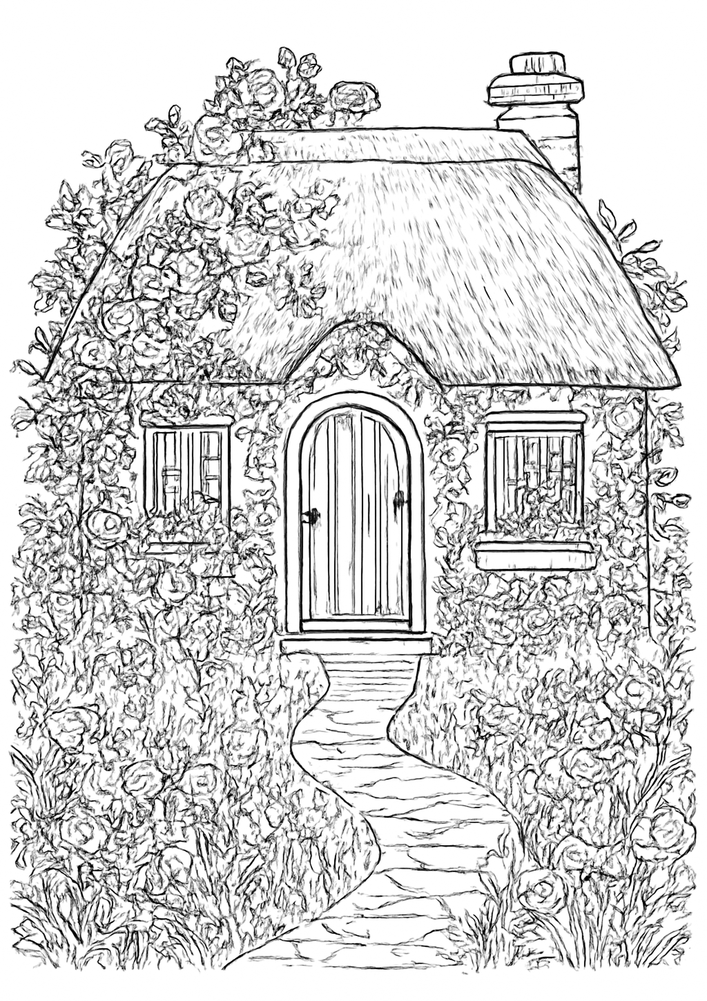 Coloriage chaumiere aux roses grimpantes a imprimer, dessin au trait simple pour enfants
