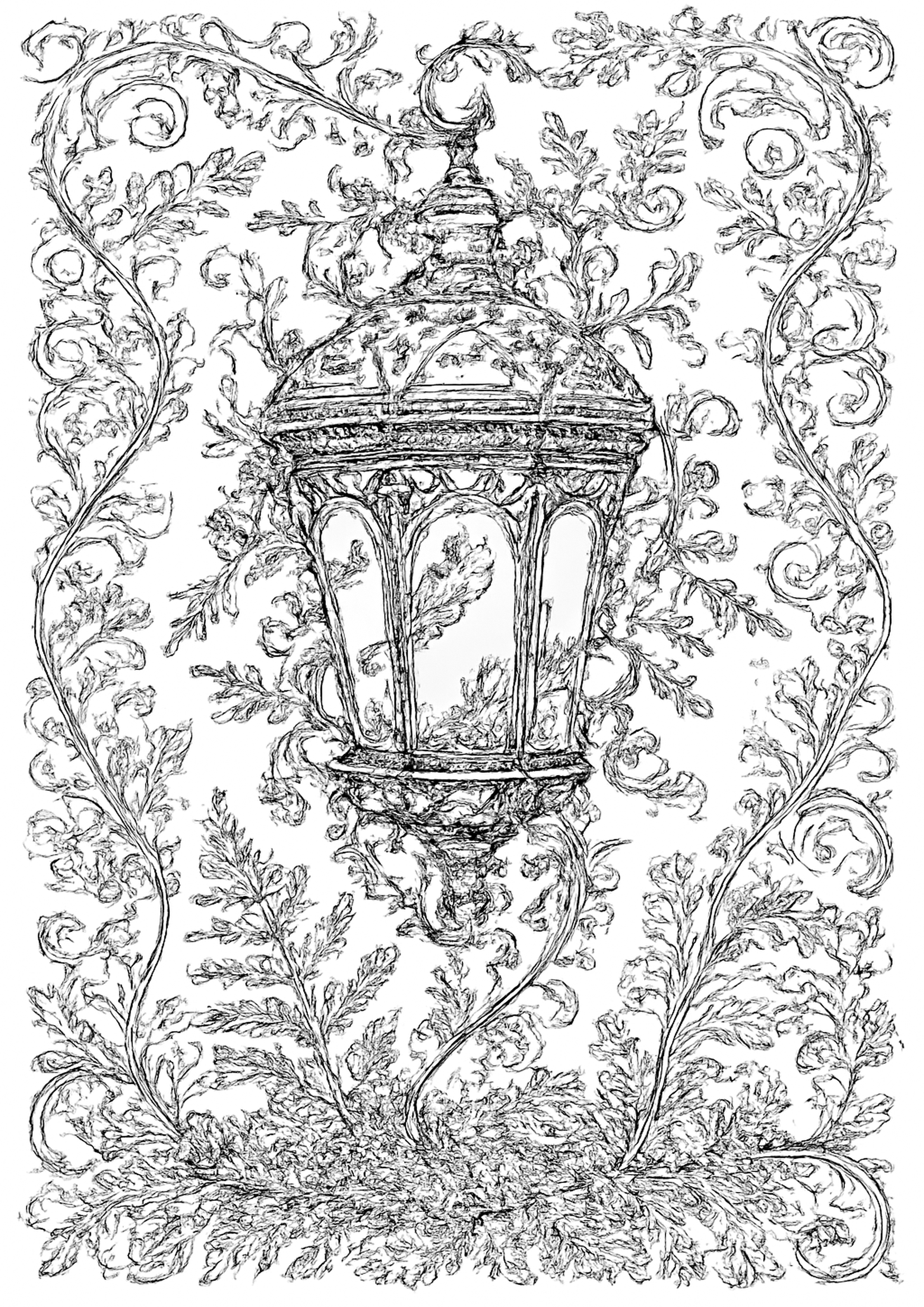 Coloriage lanterne enveloppee de lierre a imprimer, dessin au trait simple pour enfants