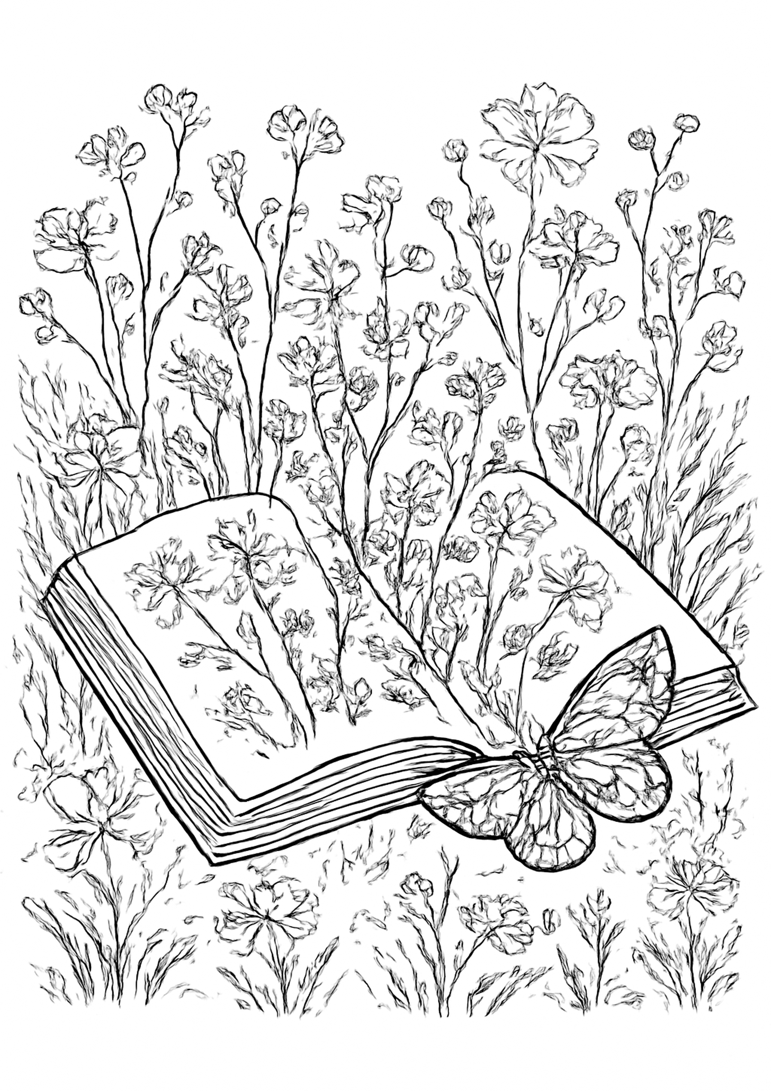 Coloriage livre ouvert au jardin a imprimer, dessin au trait simple pour enfants