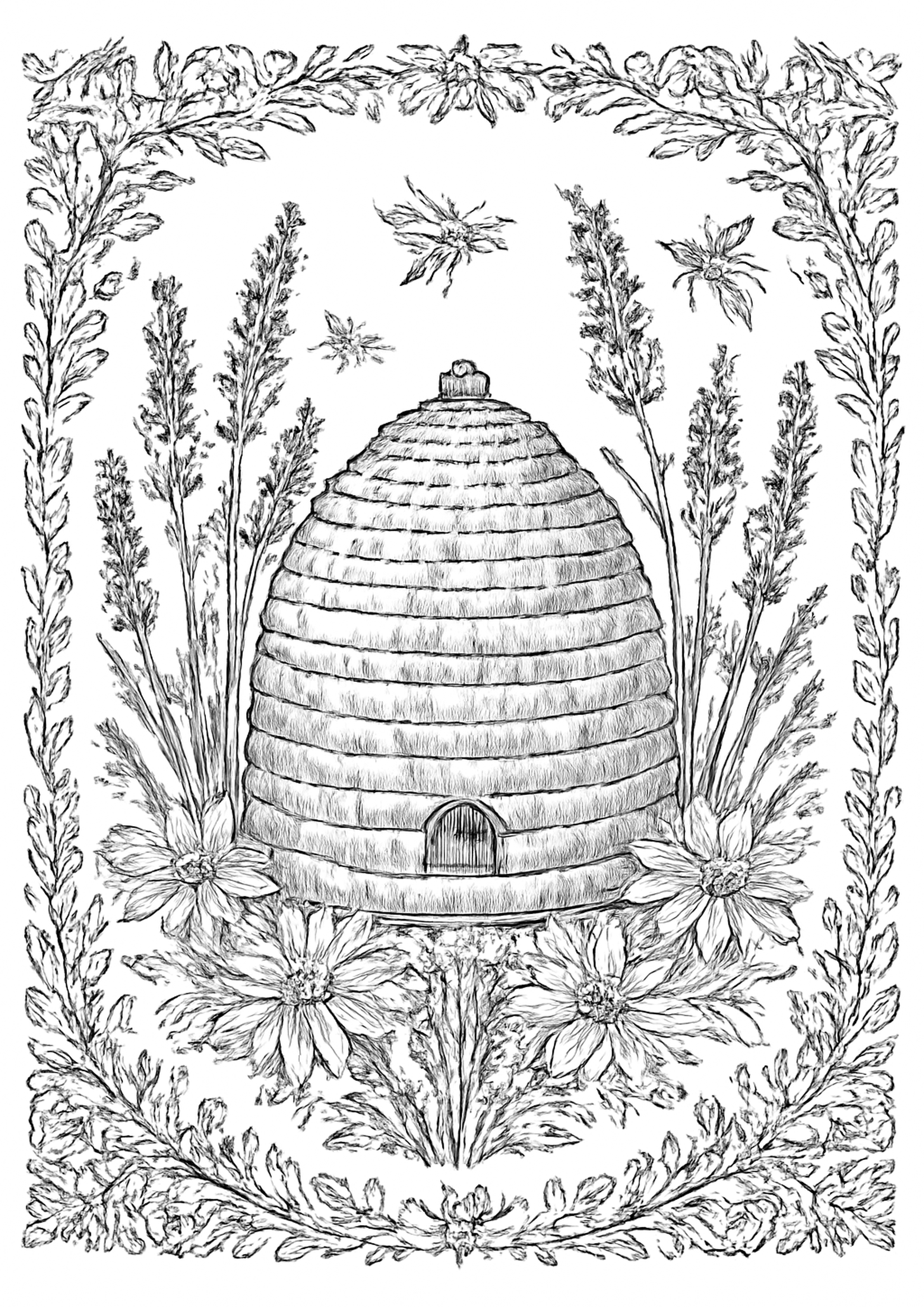 Coloriage ruche et abeilles a imprimer, dessin au trait simple pour enfants