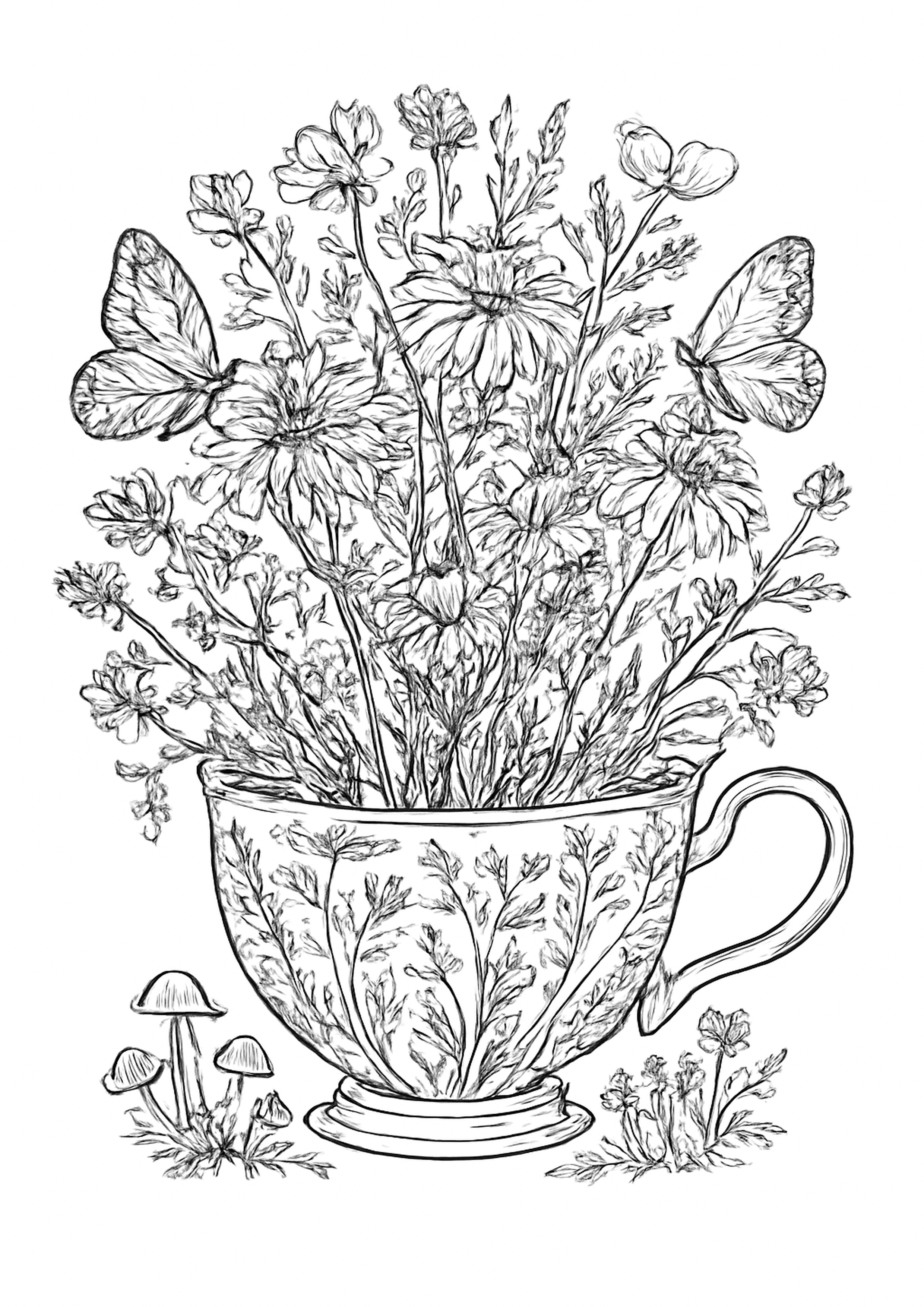 Coloriage tasse de the au jardin a imprimer, dessin au trait simple pour enfants