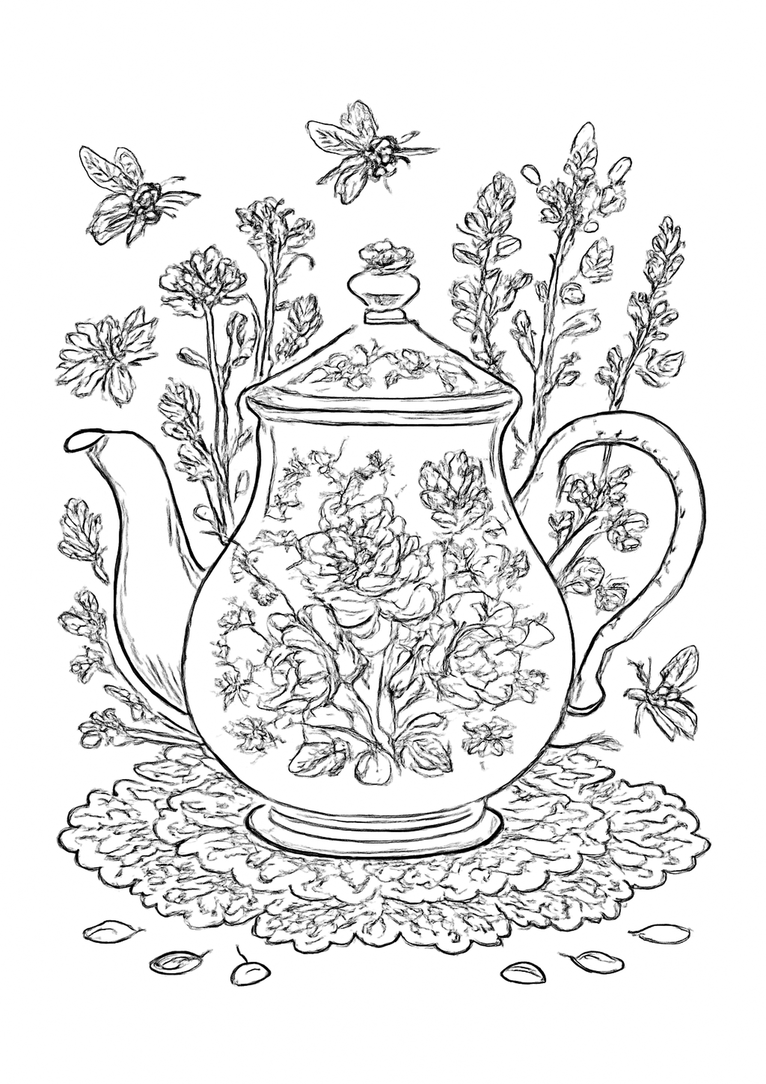 Coloriage theiere et bouquets a imprimer, dessin au trait simple pour enfants