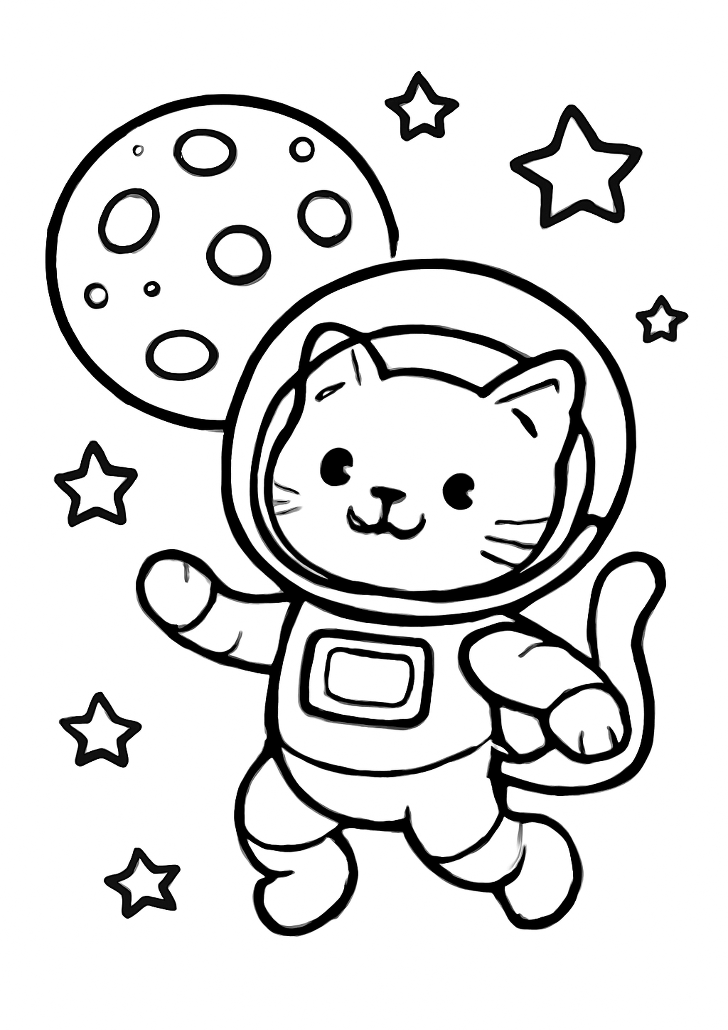 Coloriage chat astronaute a imprimer, dessin au trait simple pour enfants
