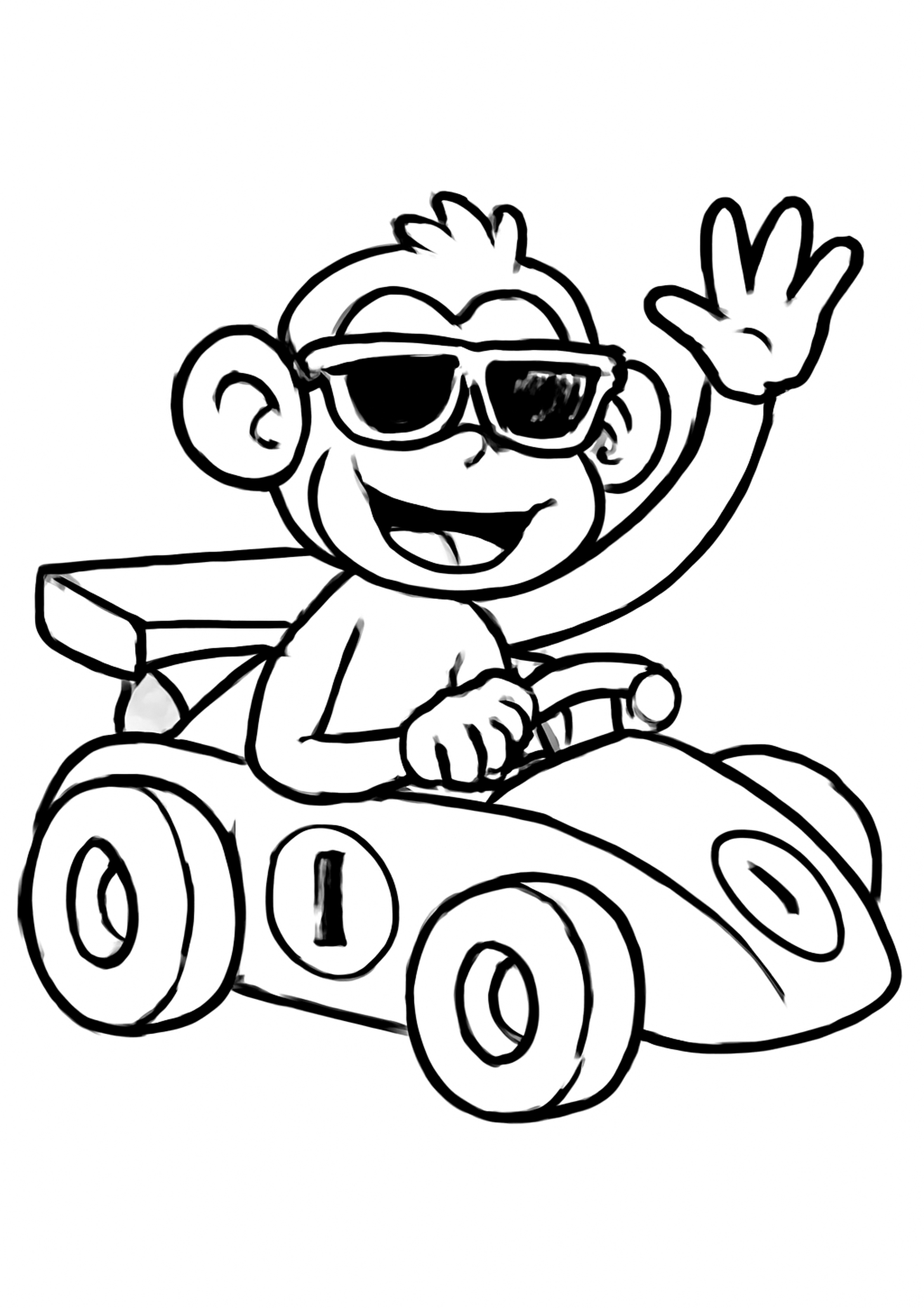 Coloring page of monkey race car driver, simple line drawing for children