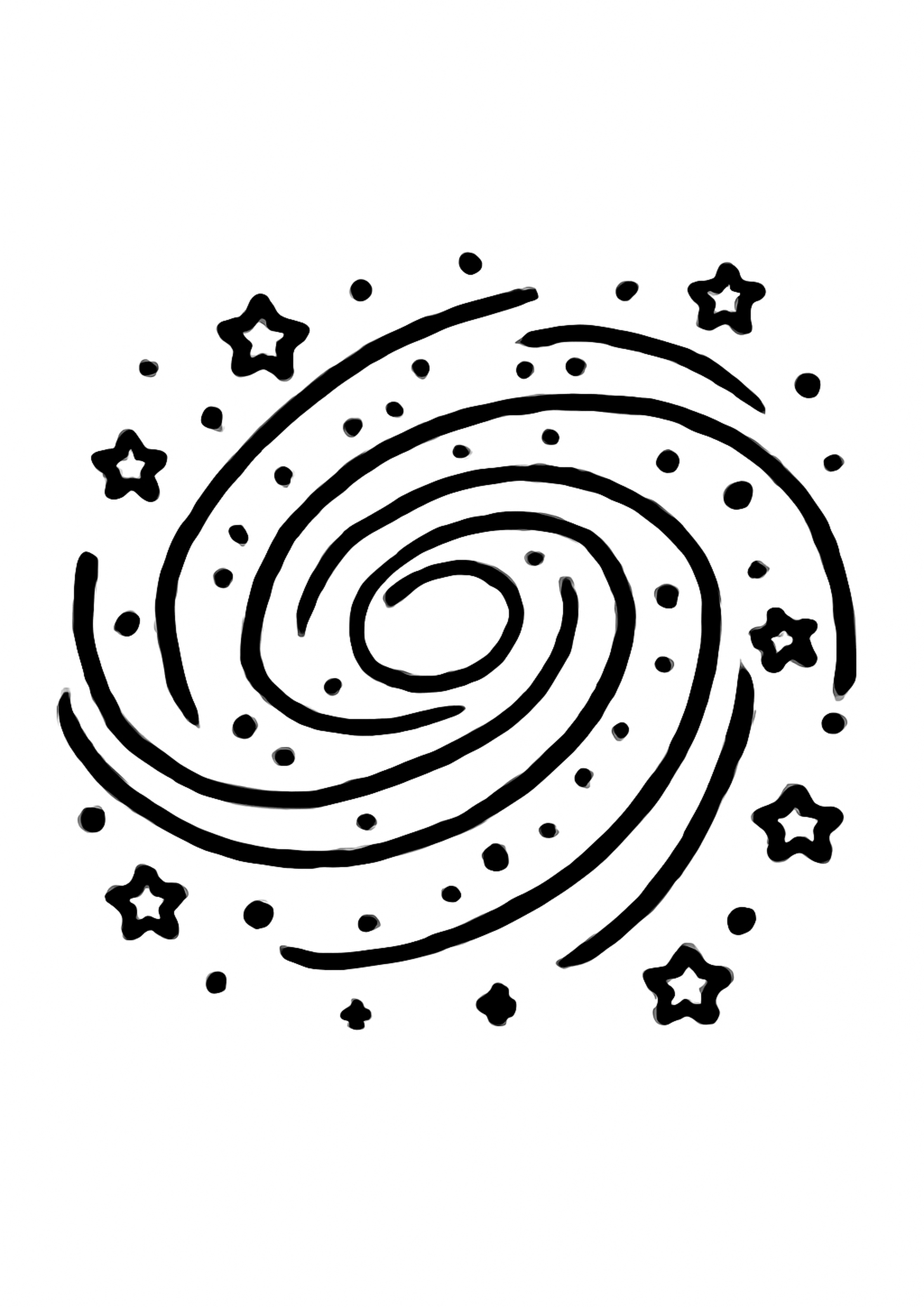 Coloring page of spiral galaxy, simple line drawing for children