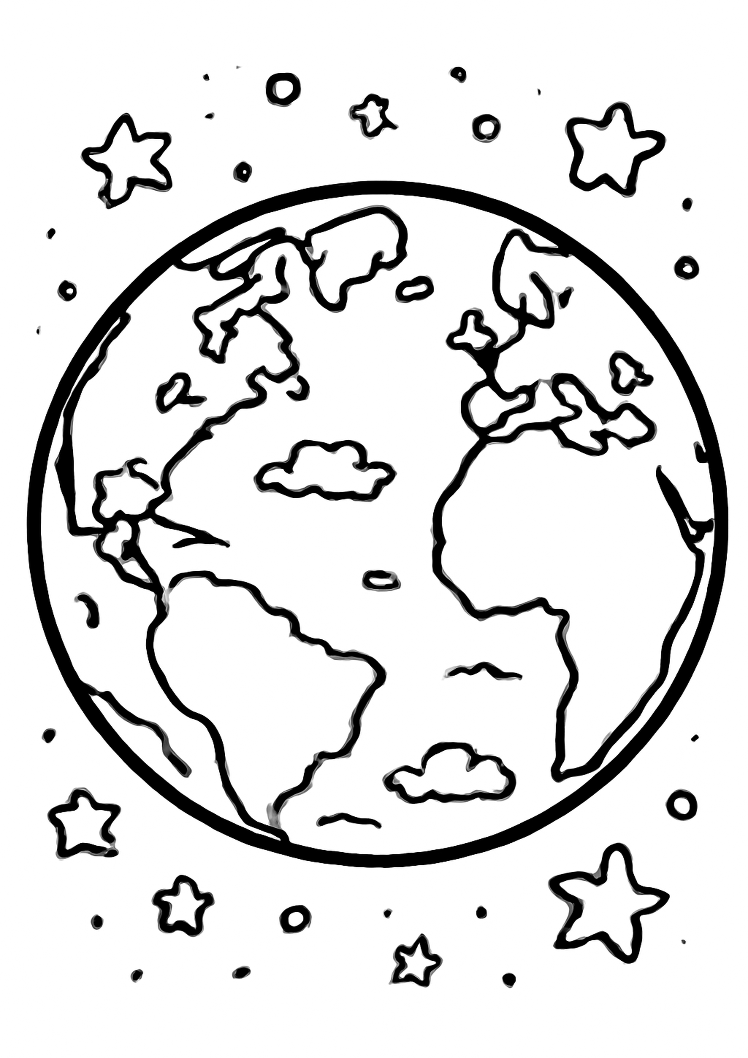 Coloriage planete terre a imprimer, dessin au trait simple pour enfants