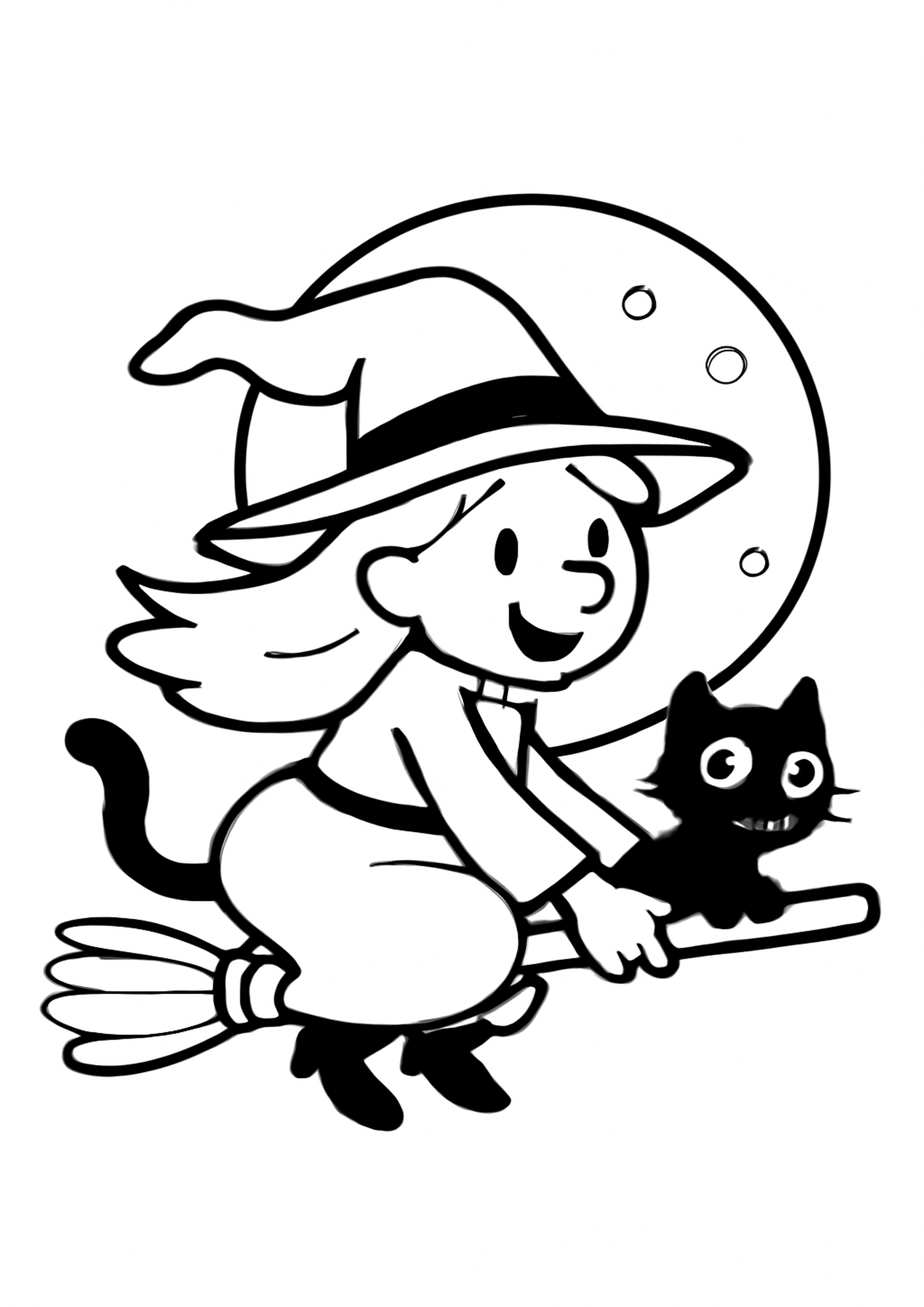 Coloriage sorciere d'halloween a imprimer, dessin au trait simple pour enfants