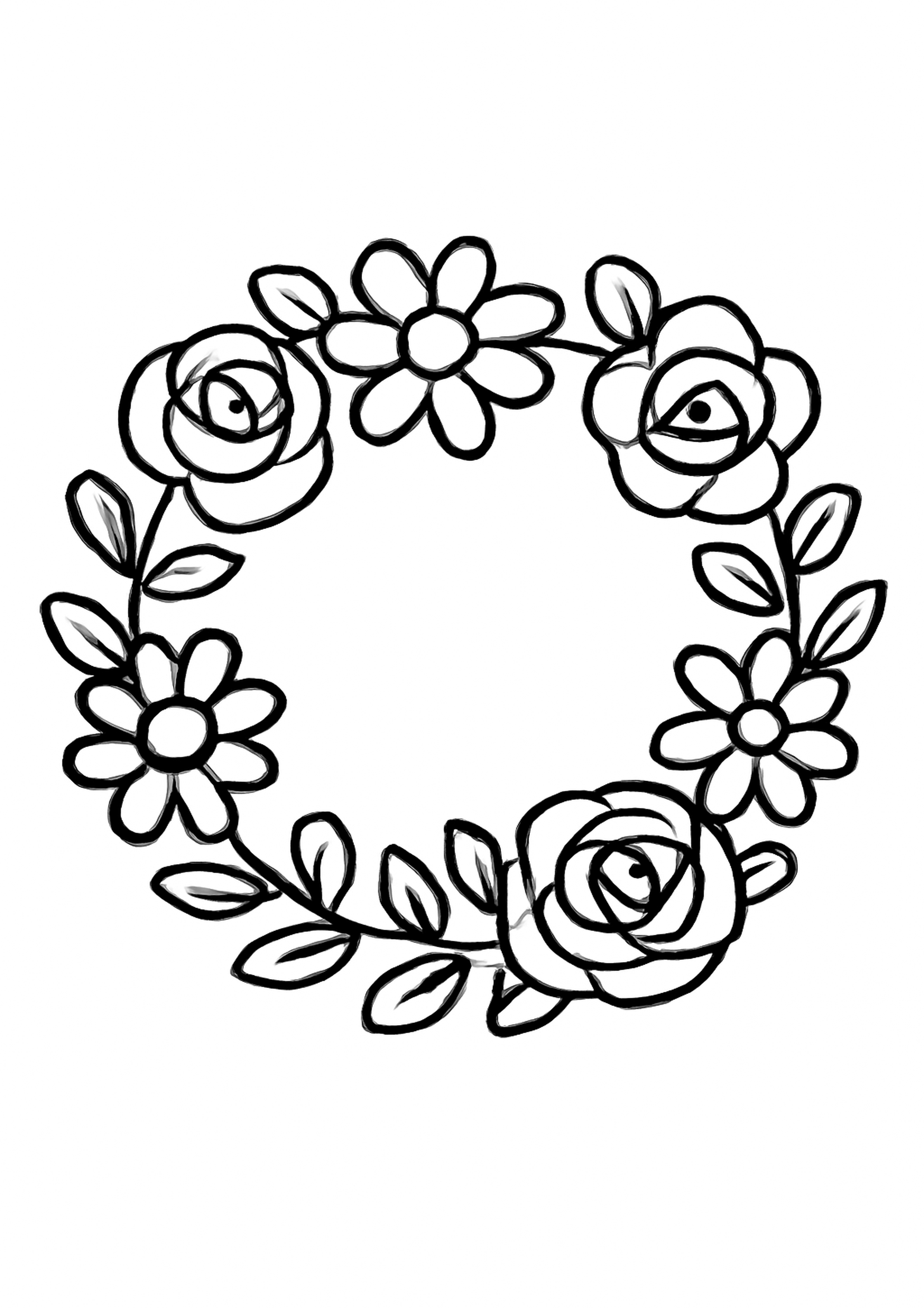 Coloriage couronne de fleurs a imprimer, dessin au trait simple pour enfants