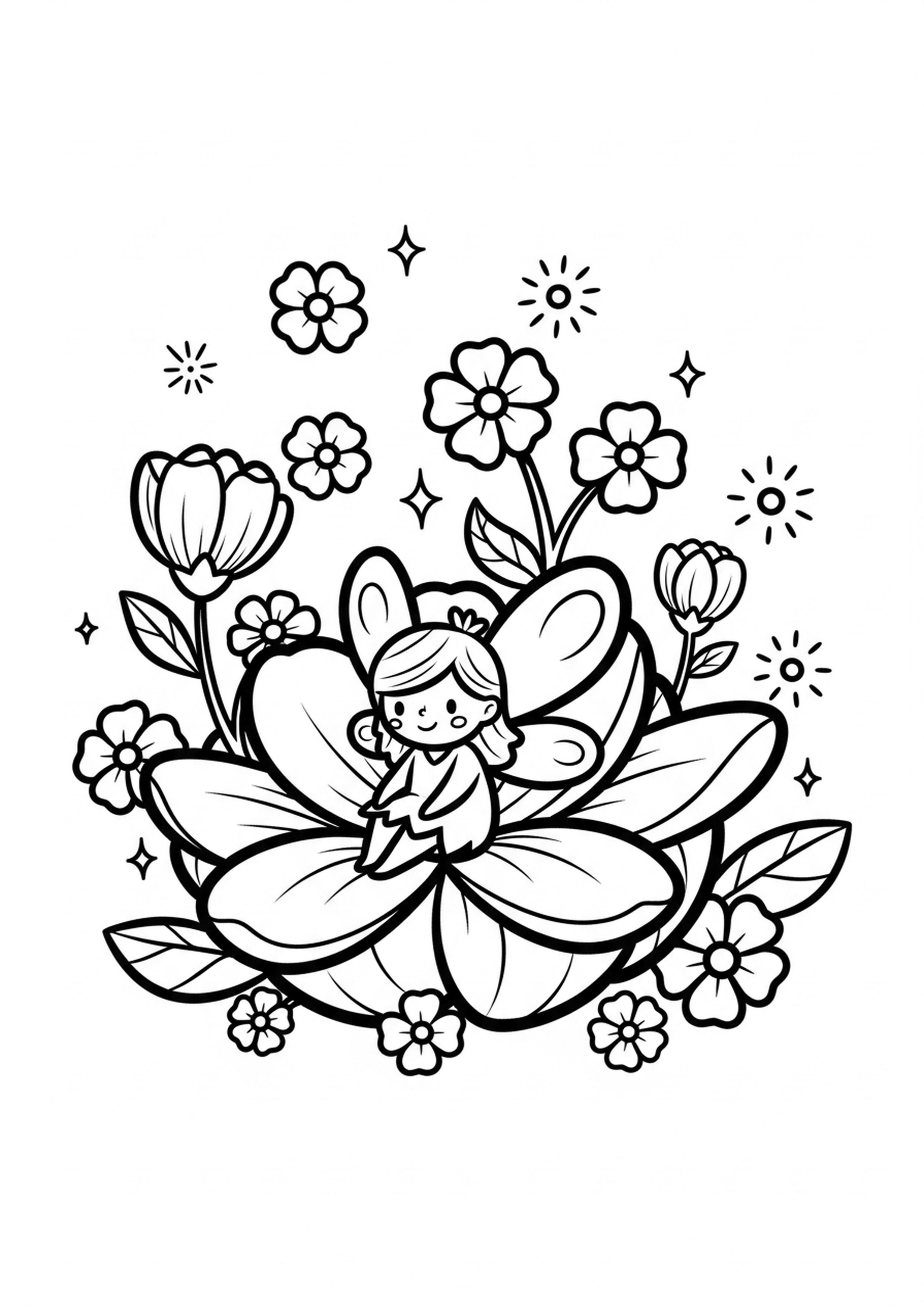 Coloriage fee dans une fleur a imprimer, dessin au trait simple pour enfants