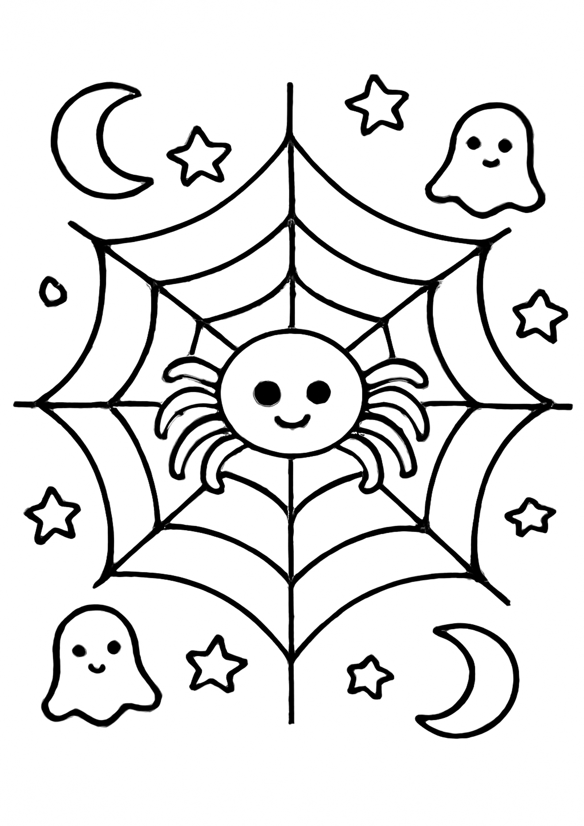 Coloriage araignee et sa toile a imprimer, dessin au trait simple pour enfants