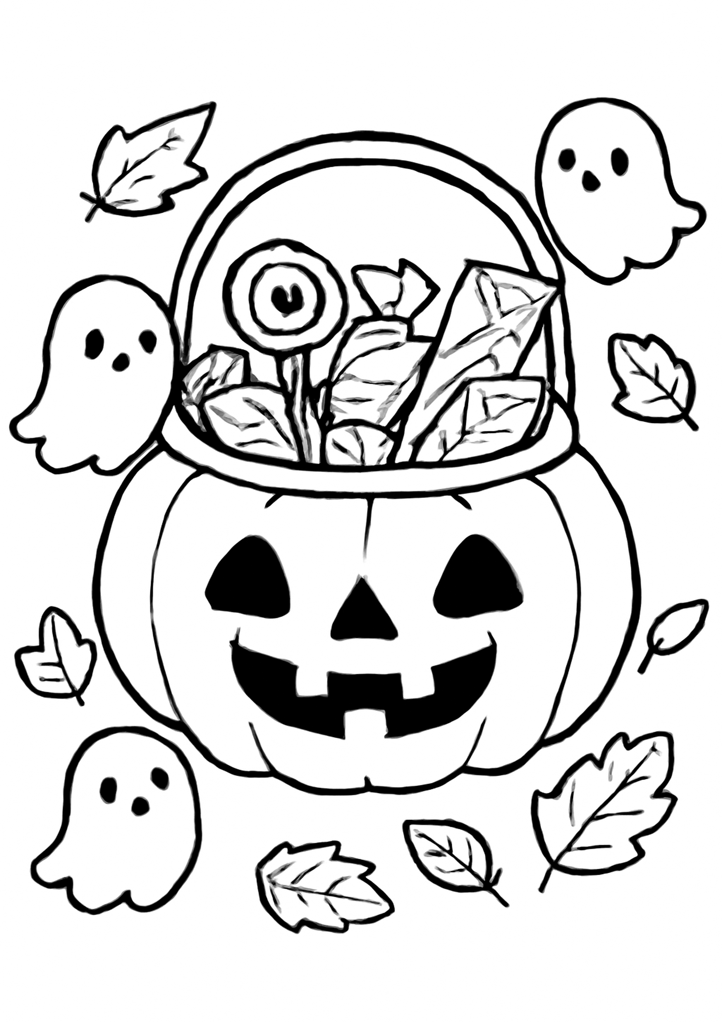 Coloriage seau de bonbons d halloween a imprimer, dessin au trait simple pour enfants