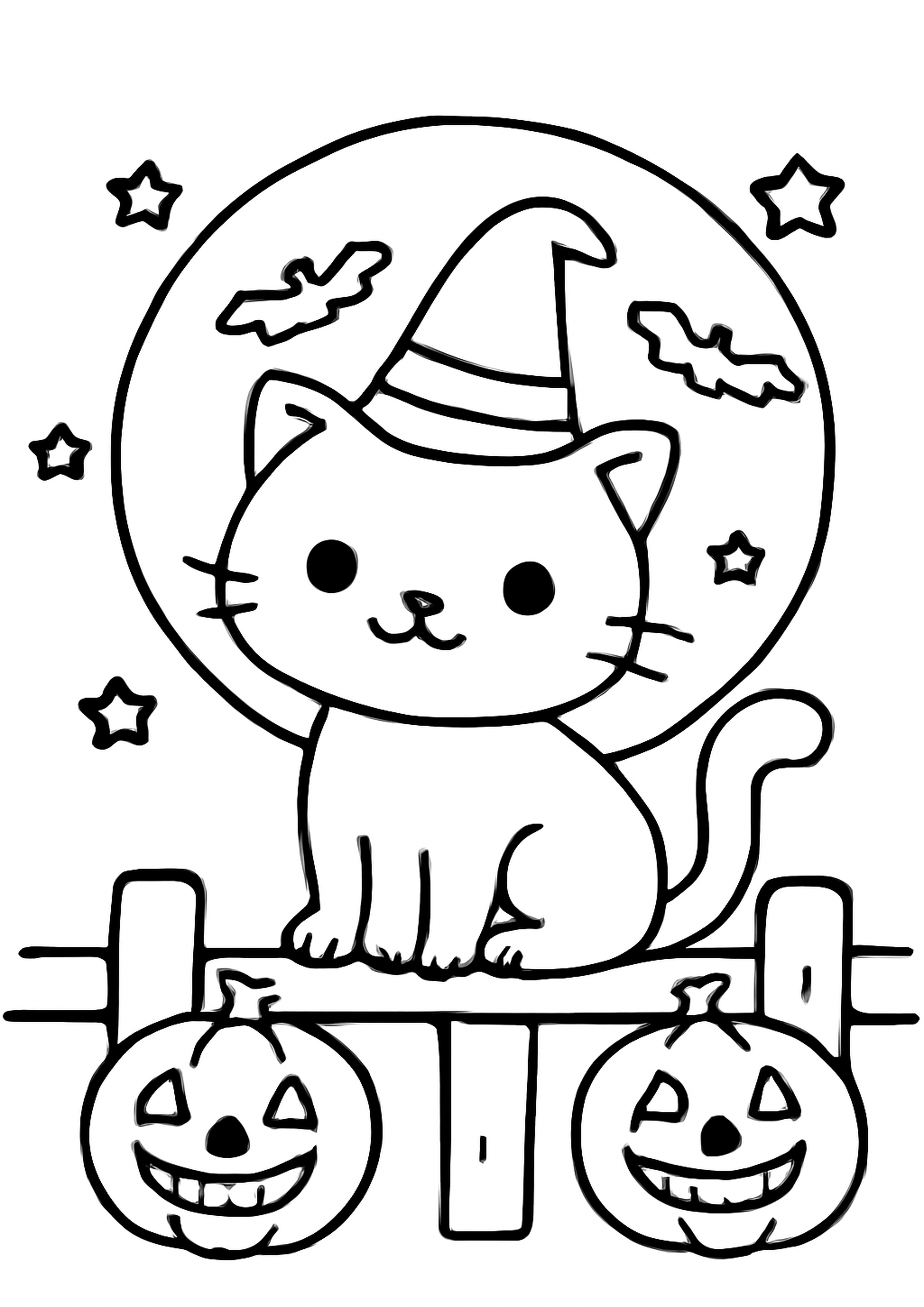 Coloriage chat noir d halloween a imprimer, dessin au trait simple pour enfants