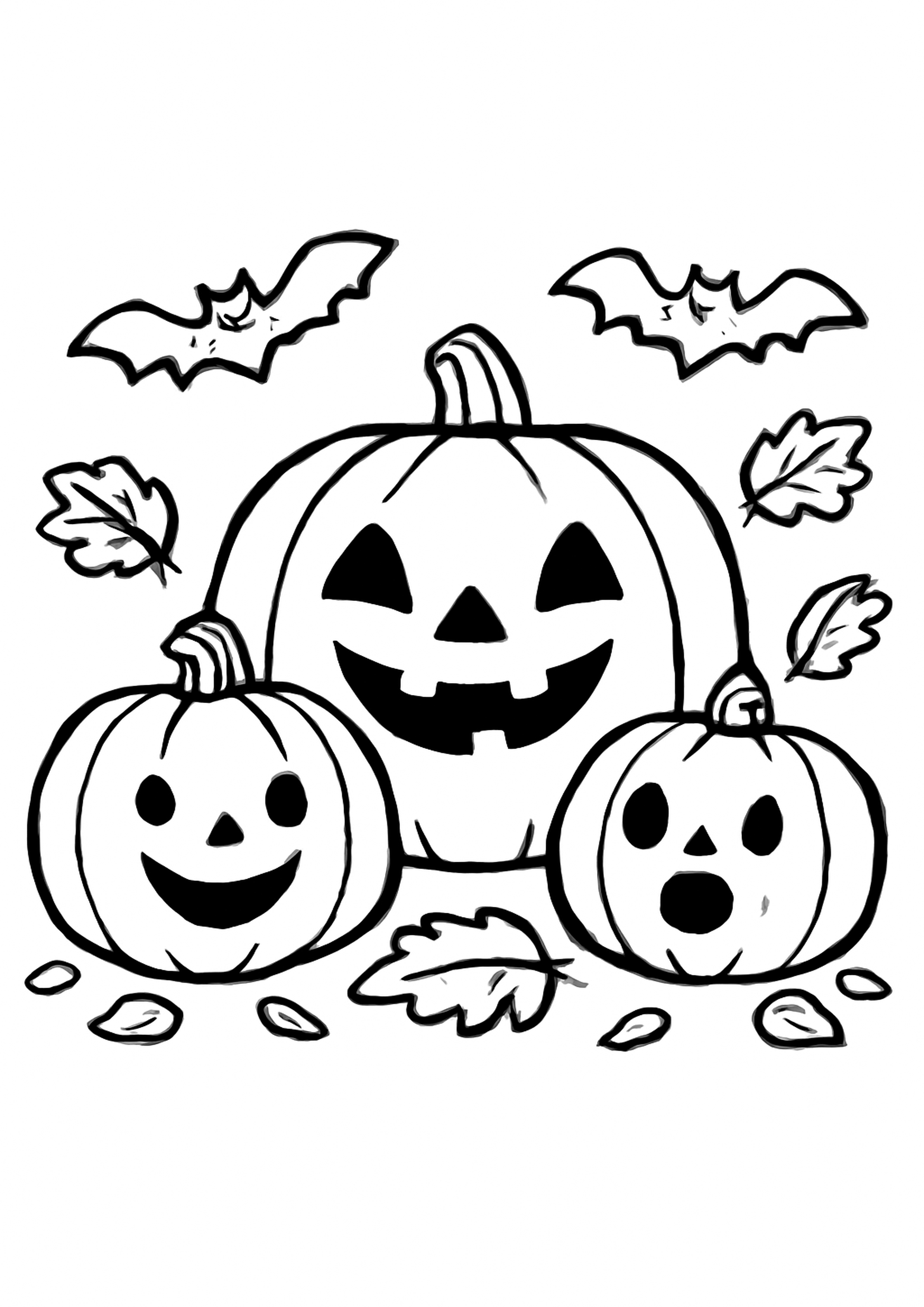 Coloriage trio de citrouilles a imprimer, dessin au trait simple pour enfants