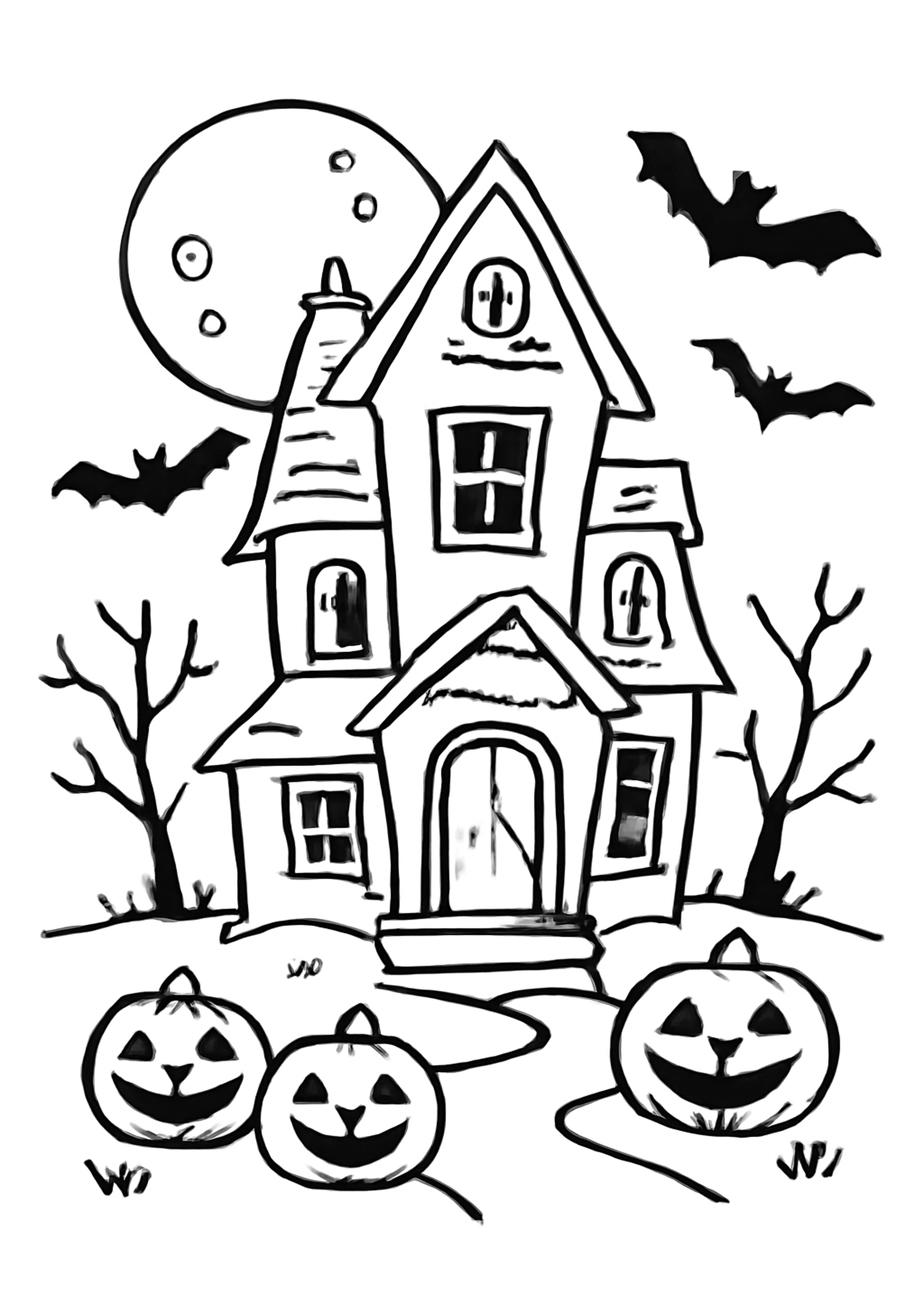 Coloriage maison hantee a imprimer, dessin au trait simple pour enfants