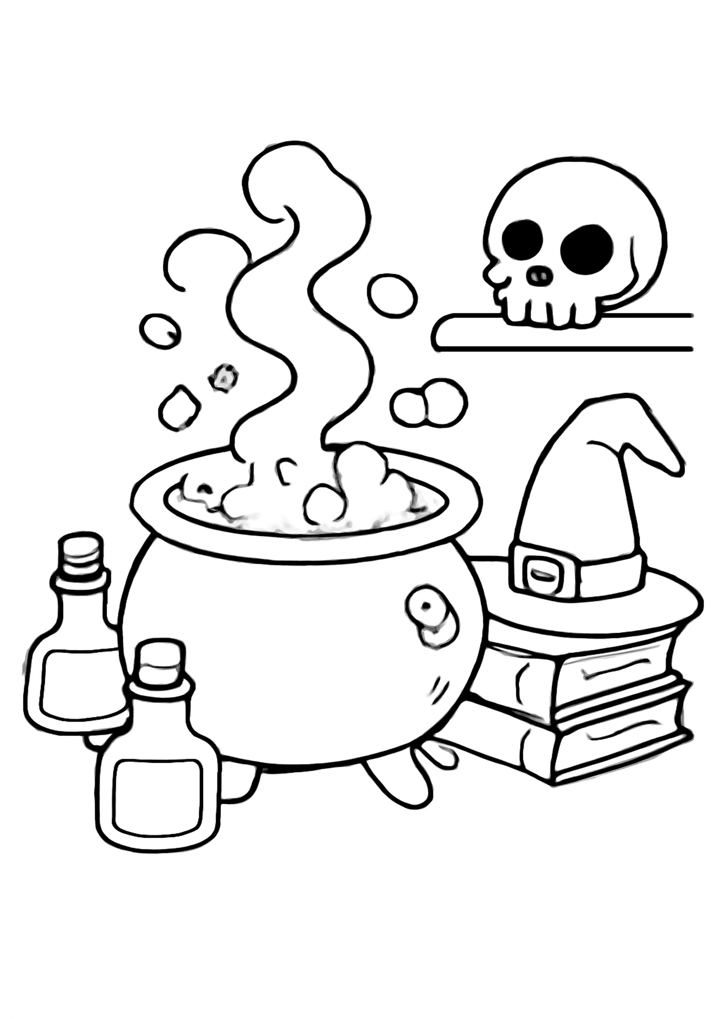 Coloriage chaudron et potions a imprimer, dessin au trait simple pour enfants