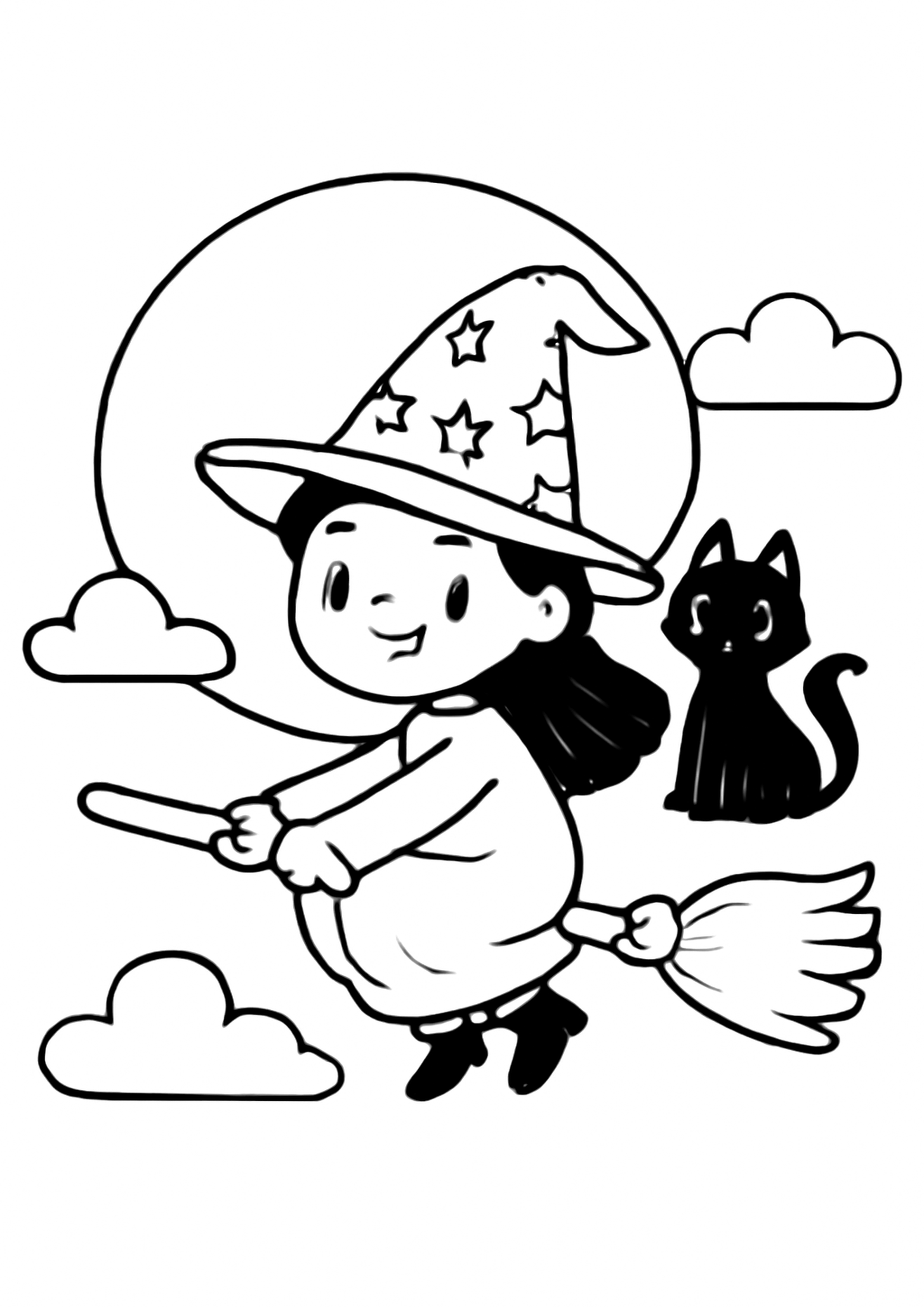 Coloriage sorciere sur son balai a imprimer, dessin au trait simple pour enfants