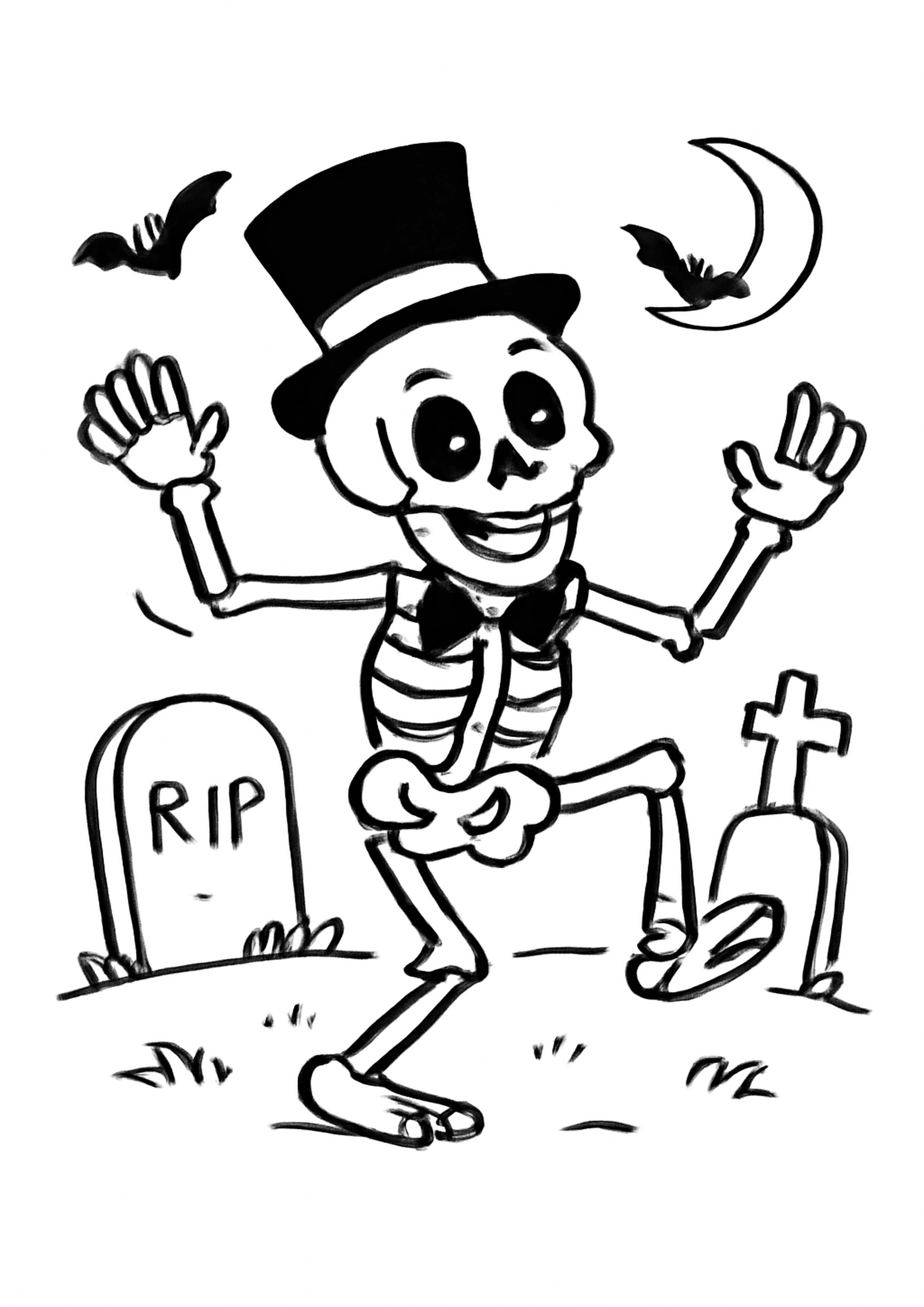Coloriage squelette dansant a imprimer, dessin au trait simple pour enfants