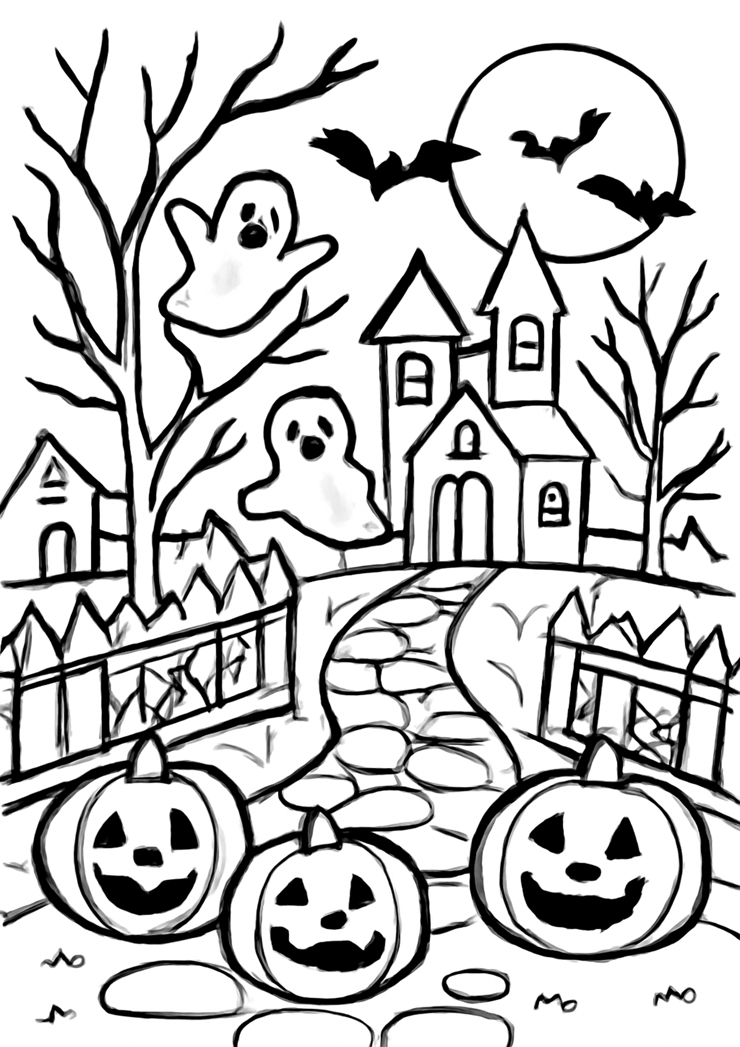 Coloriage village hante de halloween a imprimer, dessin au trait simple pour enfants