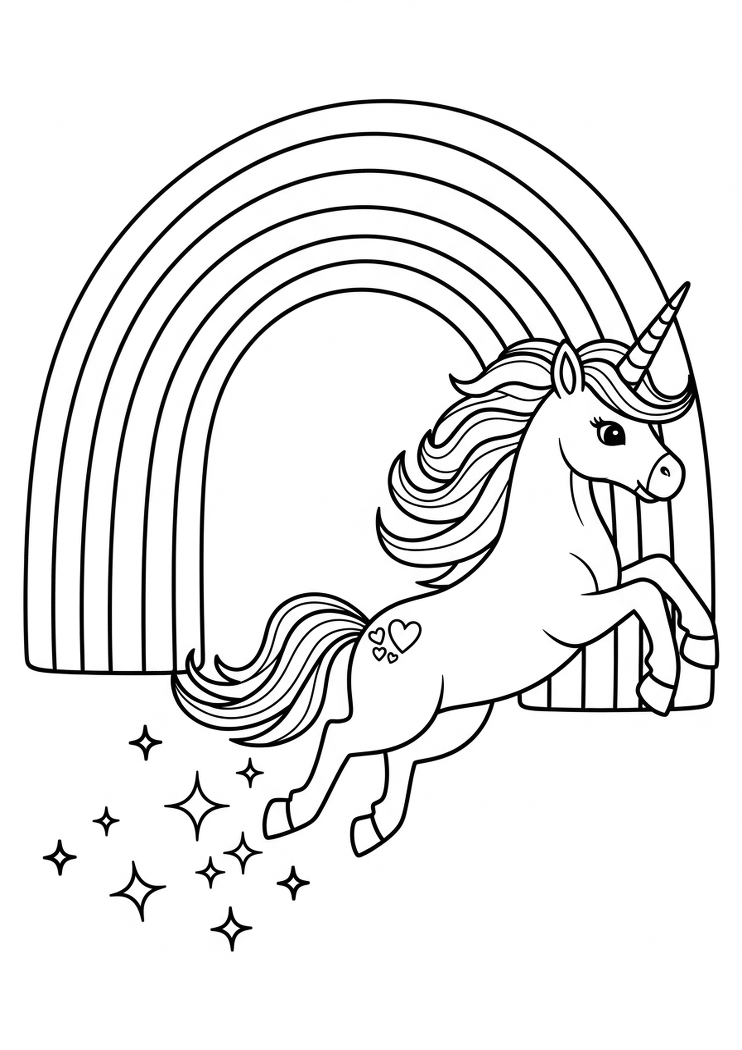 Coloriage licorne et l arc-en-ciel a imprimer, dessin au trait simple pour enfants