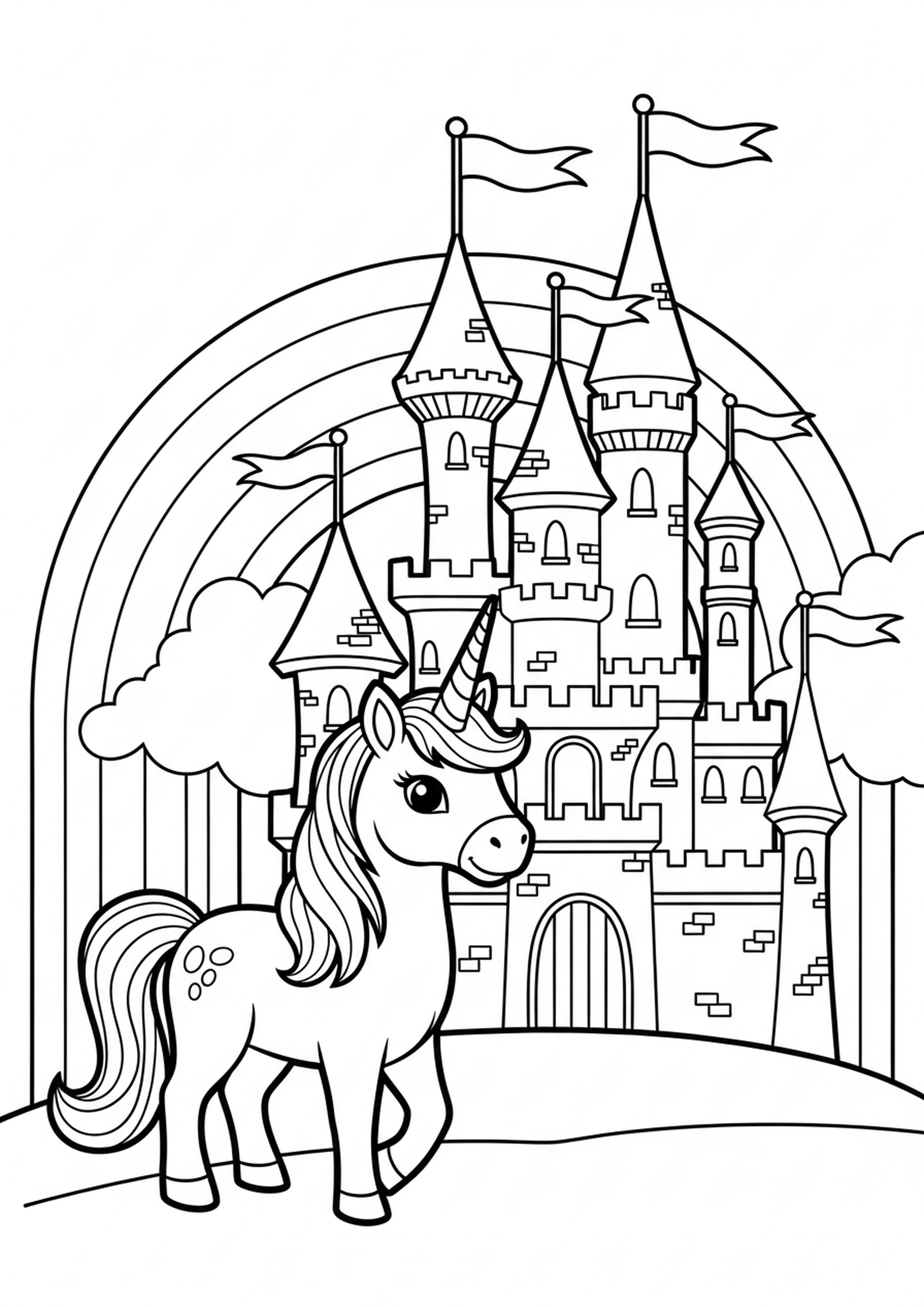 Coloriage licorne devant le chateau a imprimer, dessin au trait simple pour enfants