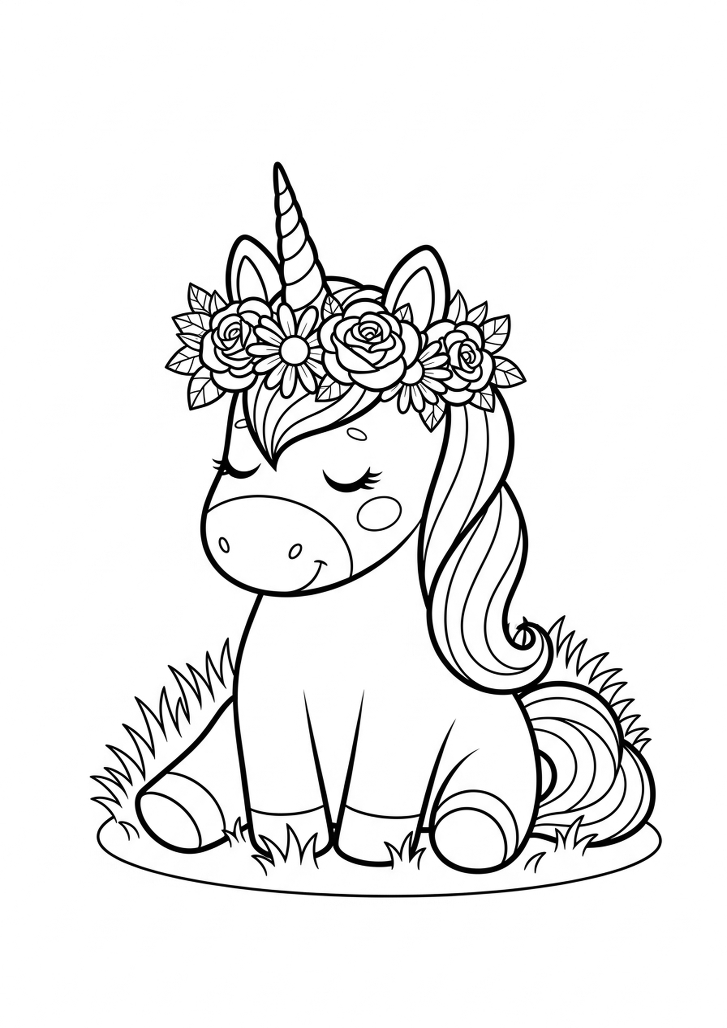 Coloriage licorne couronne de fleurs a imprimer, dessin au trait simple pour enfants