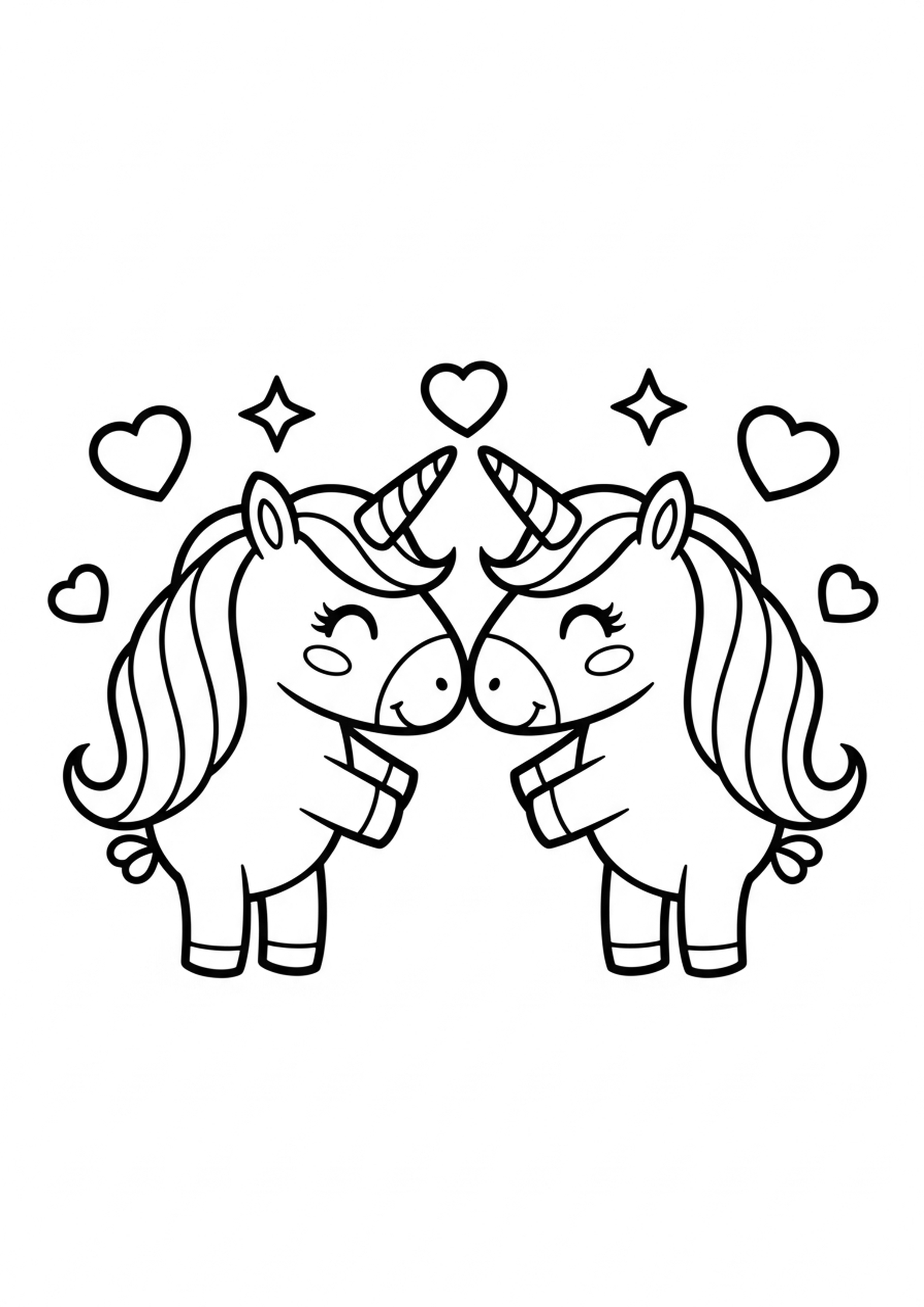 Coloriage deux licornes amies a imprimer, dessin au trait simple pour enfants