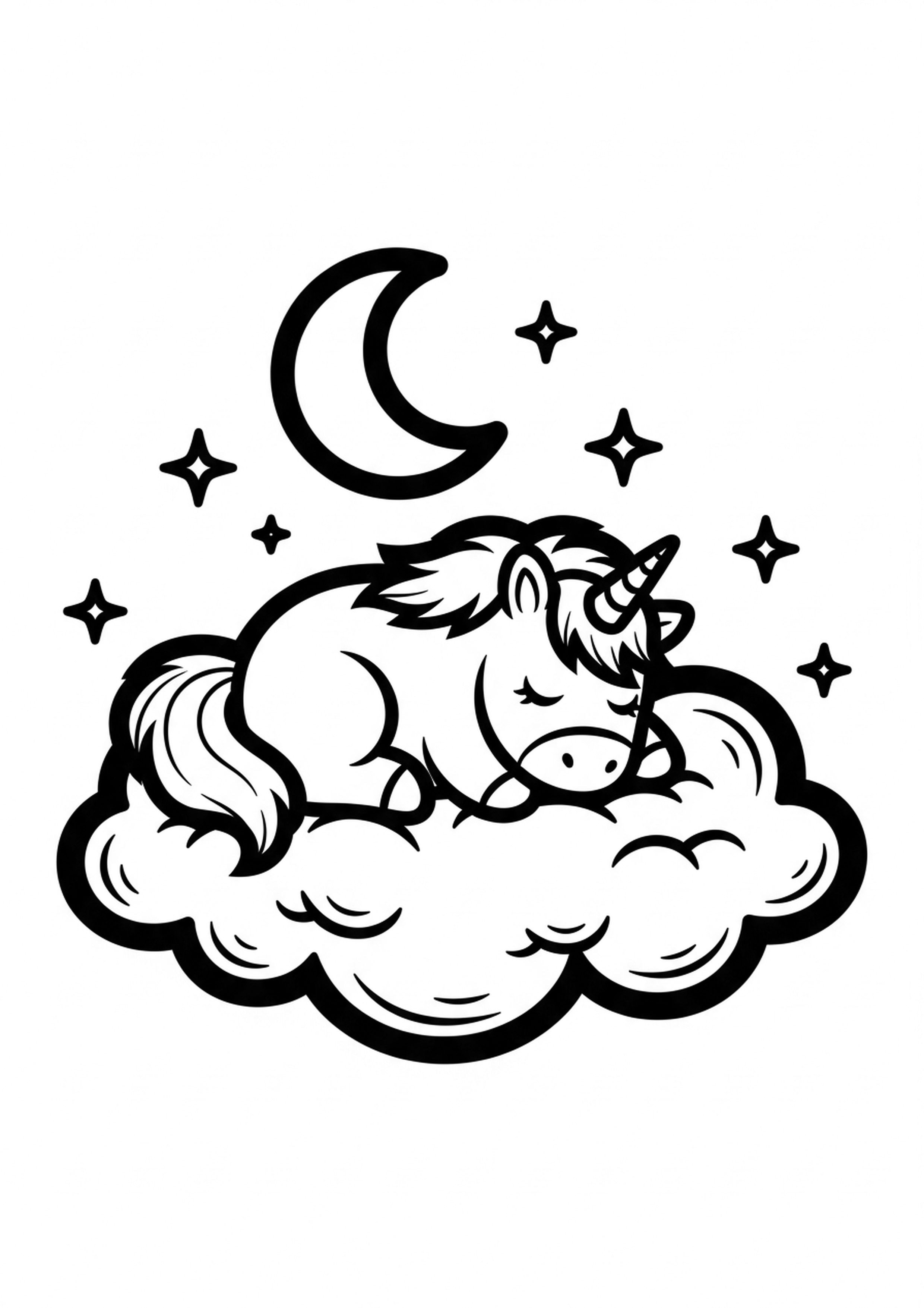 Coloriage licorne qui dort a imprimer, dessin au trait simple pour enfants