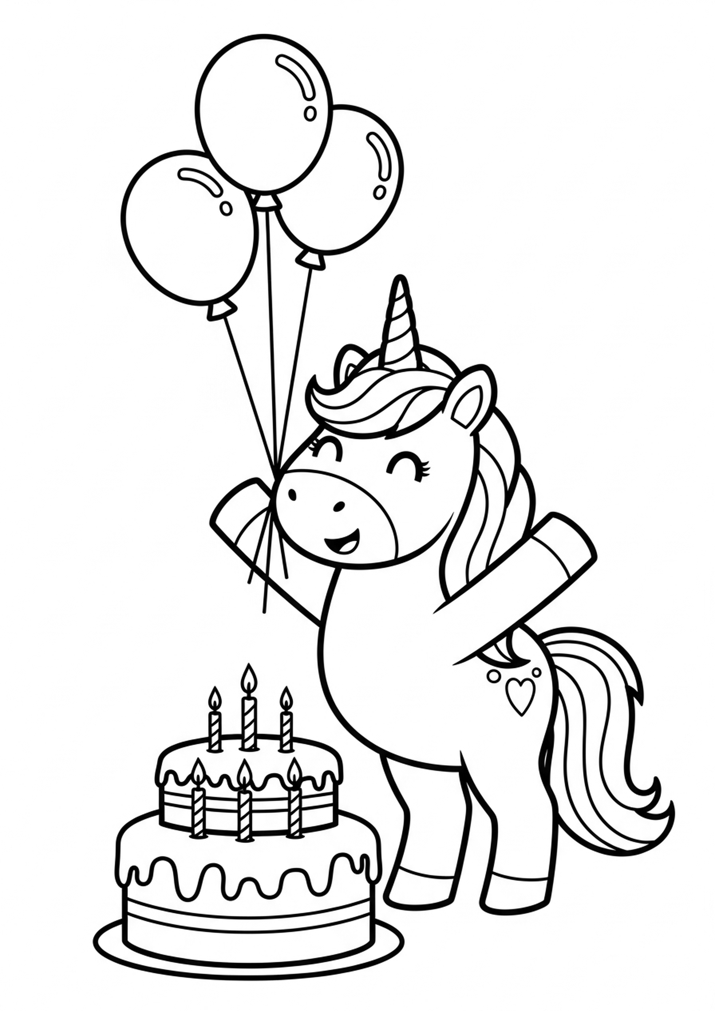 Coloriage licorne anniversaire a imprimer, dessin au trait simple pour enfants