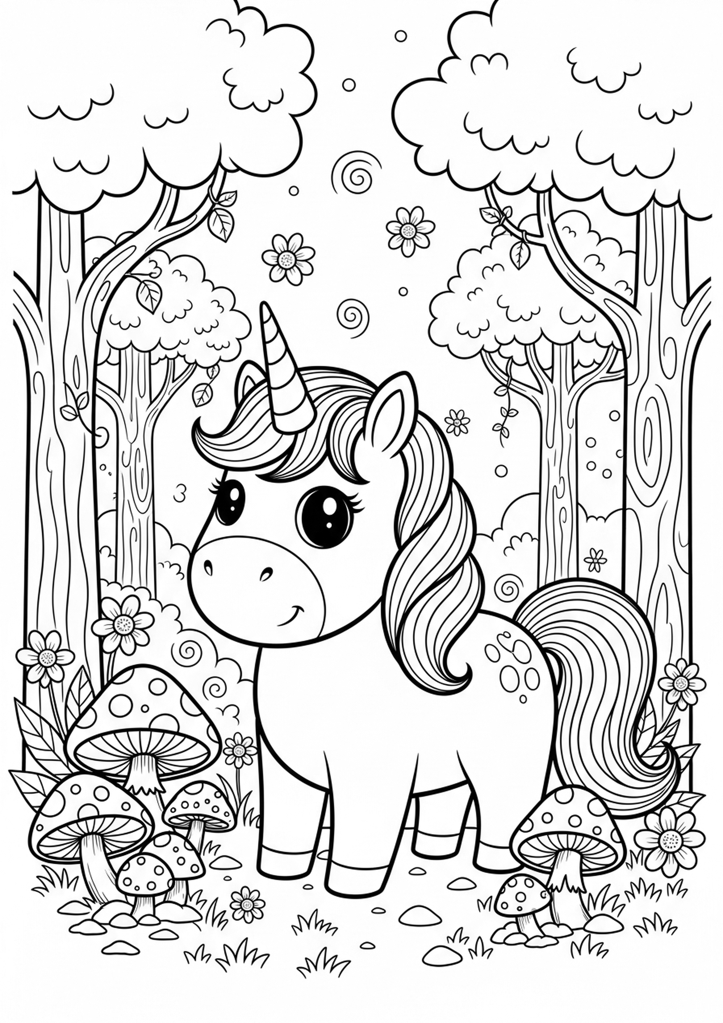 Coloriage licorne en foret a imprimer, dessin au trait simple pour enfants