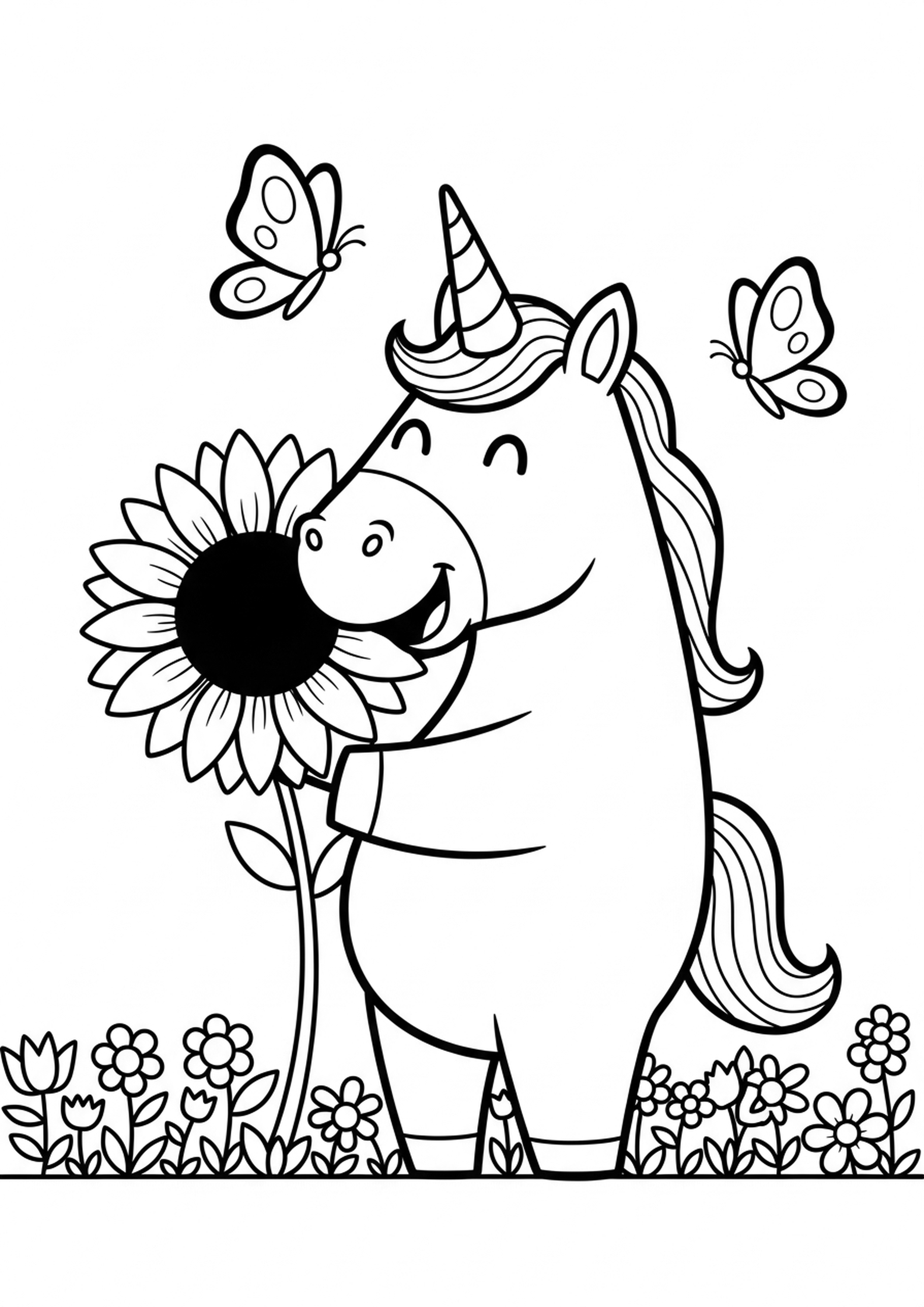 Coloriage licorne au jardin a imprimer, dessin au trait simple pour enfants