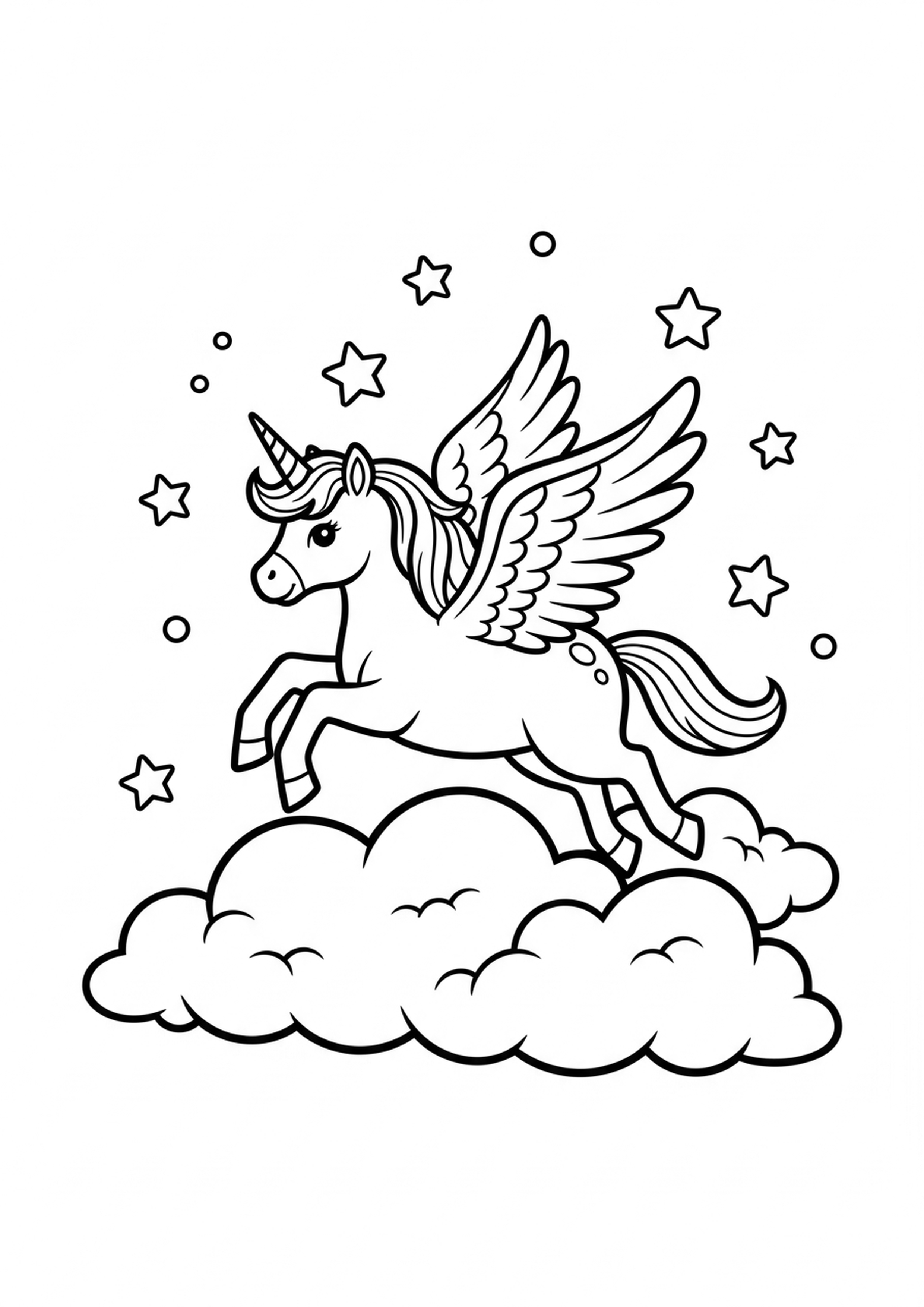 Coloriage licorne dans les nuages a imprimer, dessin au trait simple pour enfants
