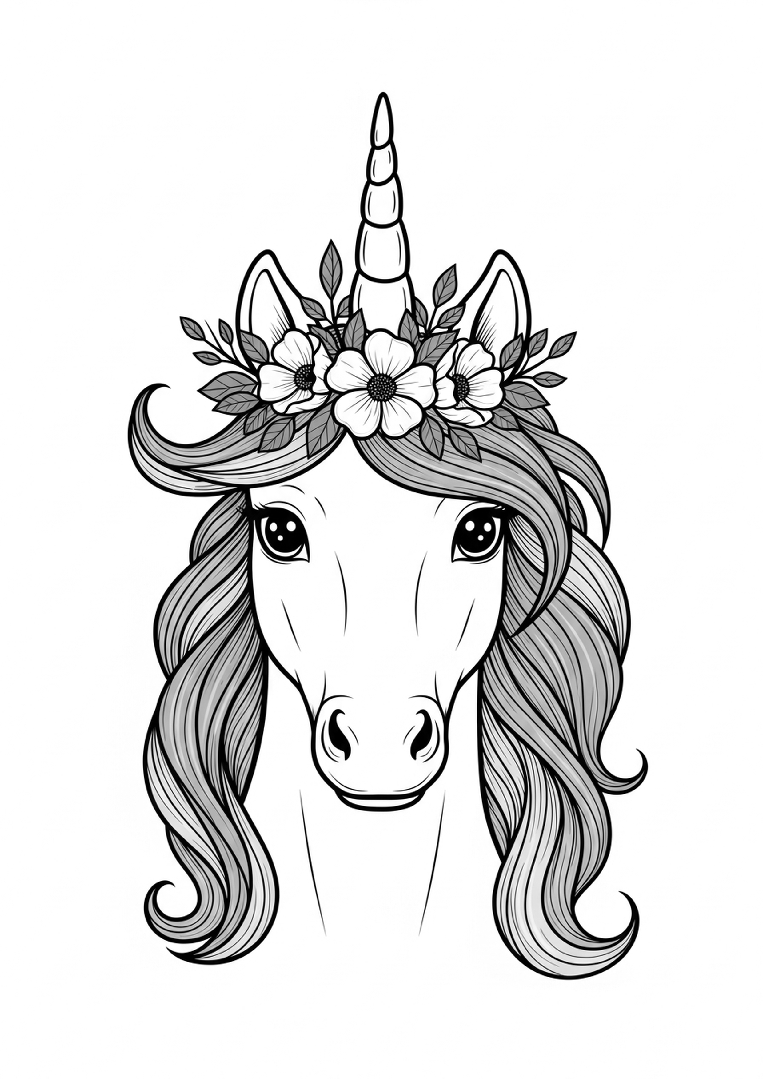 Coloriage portrait de licorne a imprimer, dessin au trait simple pour enfants