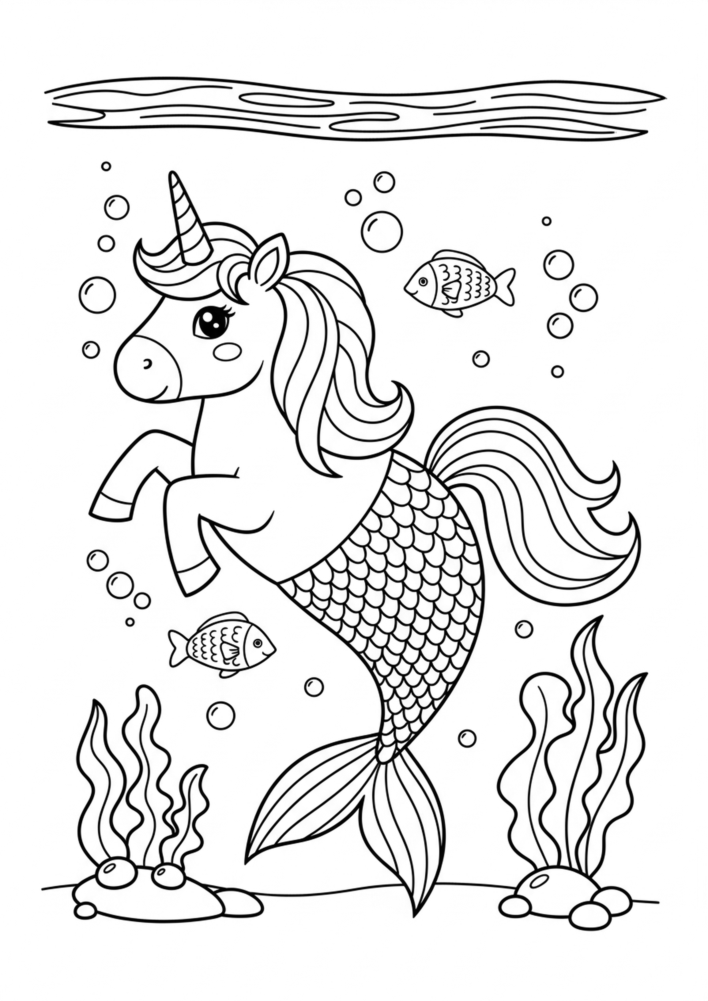 Coloriage licorne sirene a imprimer, dessin au trait simple pour enfants