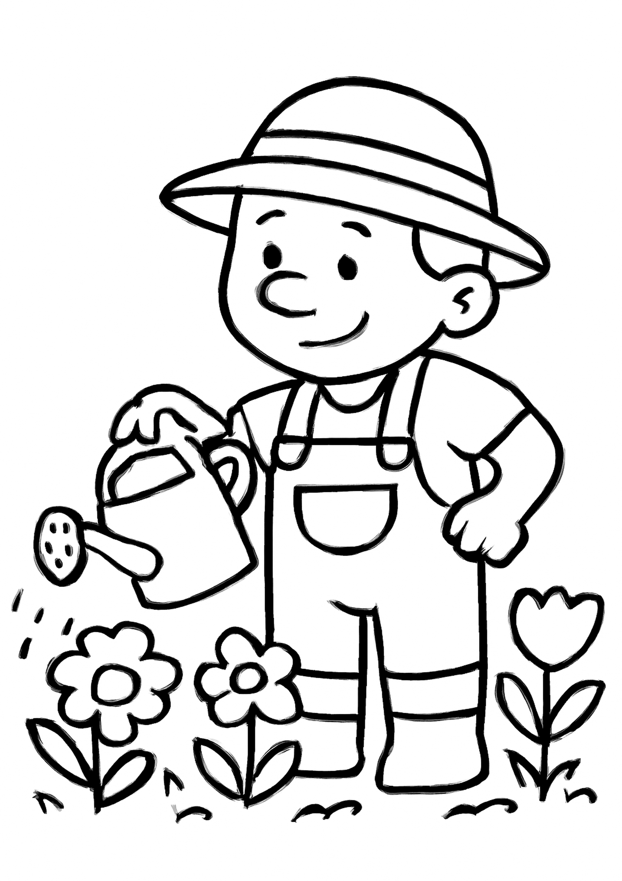Coloriage jardinier nature a imprimer, dessin au trait simple pour enfants
